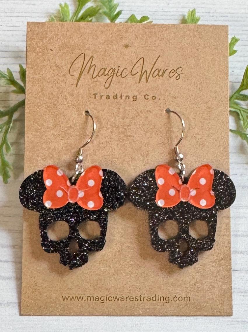 Minnie Skull Black Glitter Acrylic Earrings, Orange Polka Dot Bow Mouse Skull Dangle Earrings, Halloween Earrings Black Skull Earrings