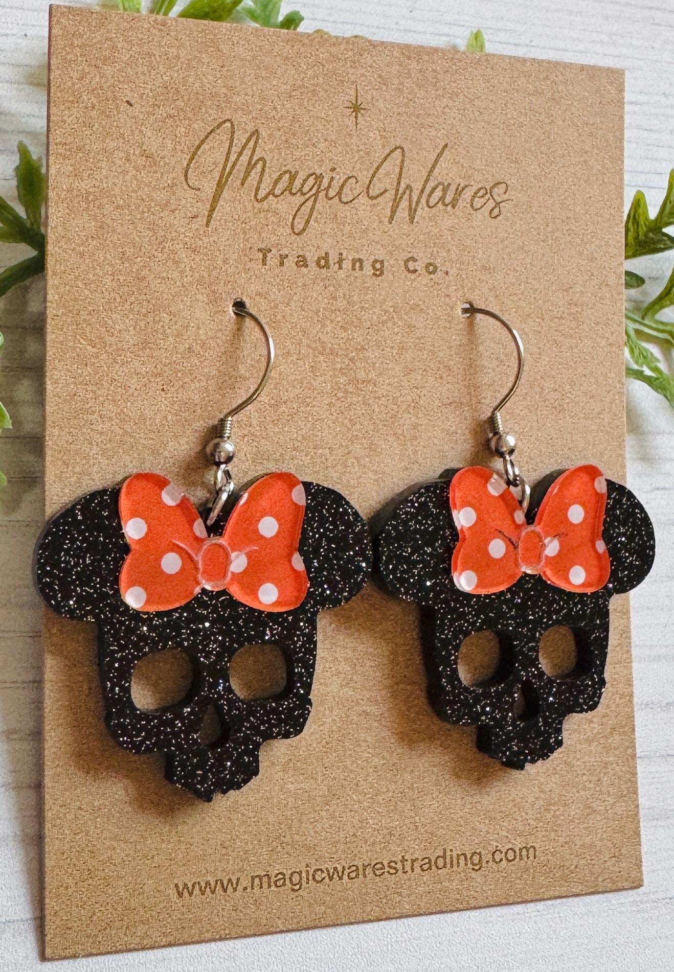 Minnie Skull Black Glitter Acrylic Earrings, Orange Polka Dot Bow Mouse Skull Dangle Earrings, Halloween Earrings Black Skull Earrings