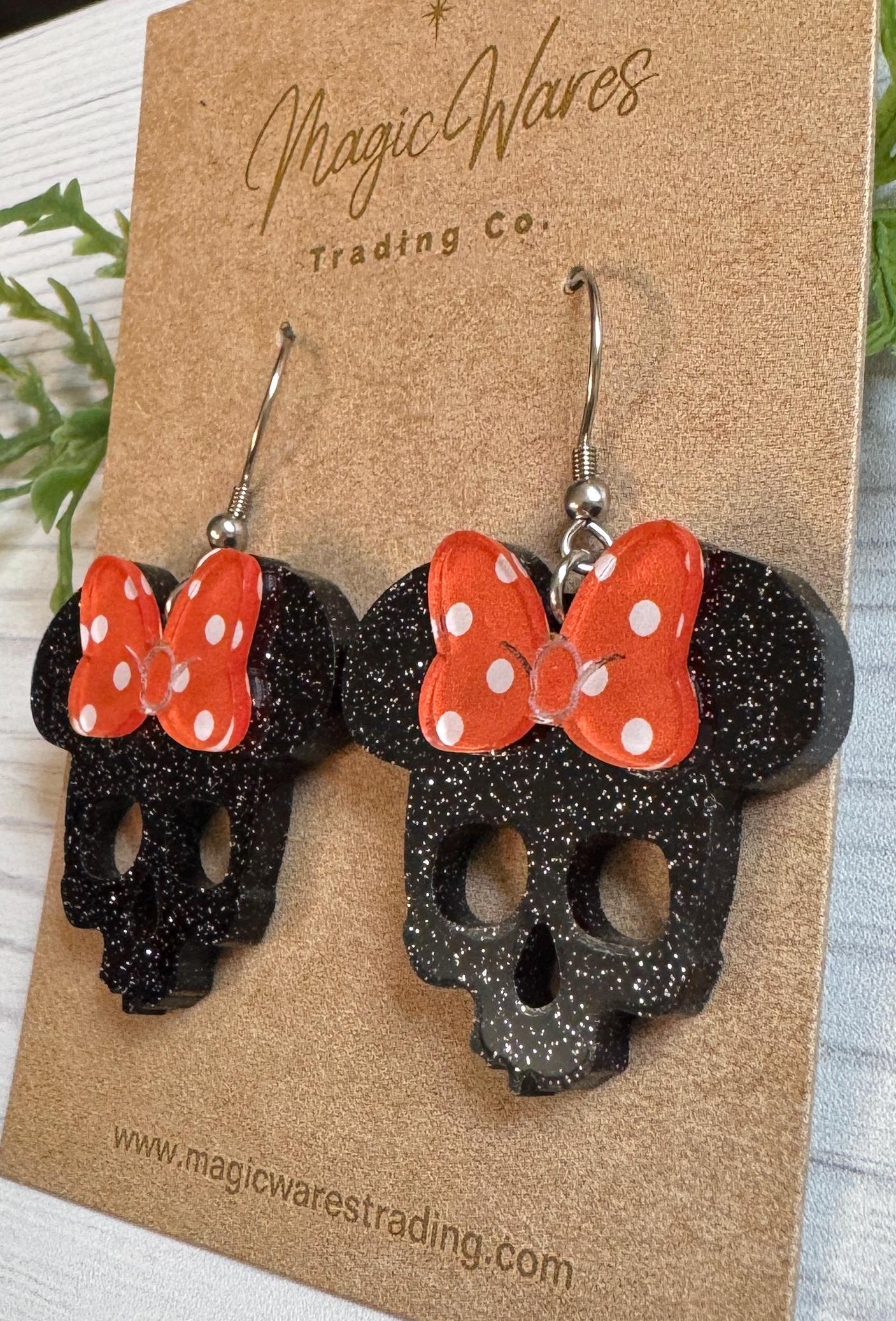 Minnie Skull Black Glitter Acrylic Earrings, Orange Polka Dot Bow Mouse Skull Dangle Earrings, Halloween Earrings Black Skull Earrings