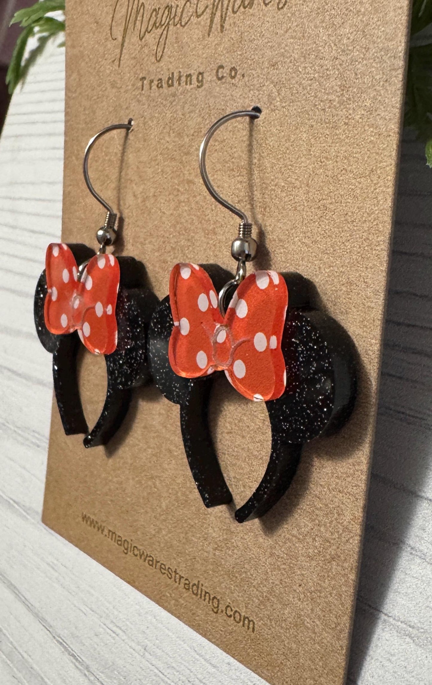 Minnie Black Glitter Headband Ears Dangle Earrings, Orange Polka Dot Mouse ears headband, Halloween Earrings, Mouse Ears Dangle Earrings