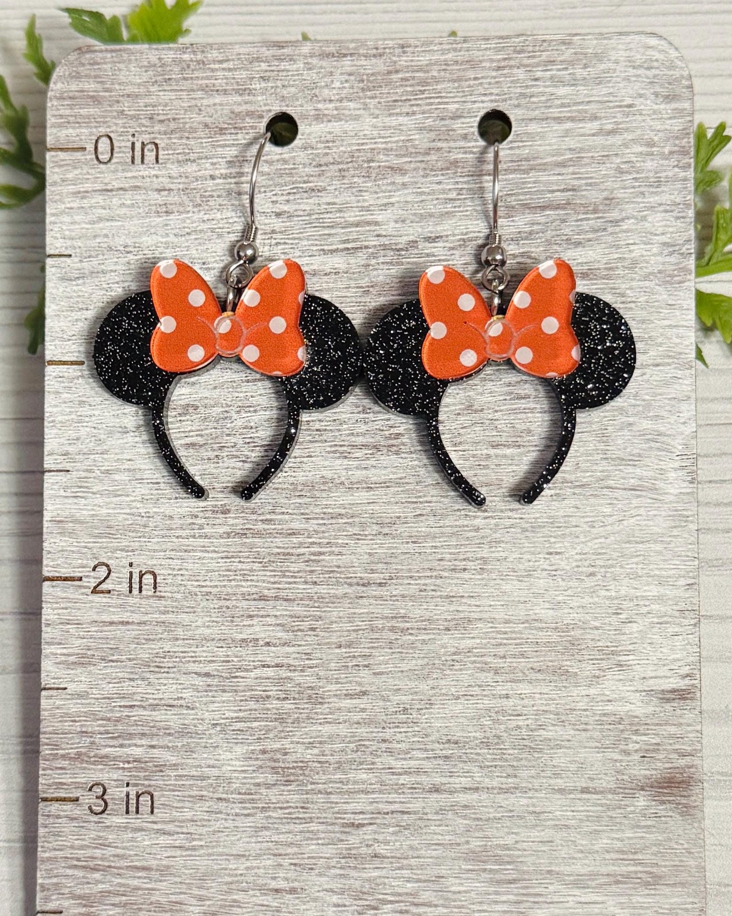 Minnie Black Glitter Headband Ears Dangle Earrings, Orange Polka Dot Mouse ears headband, Halloween Earrings, Mouse Ears Dangle Earrings