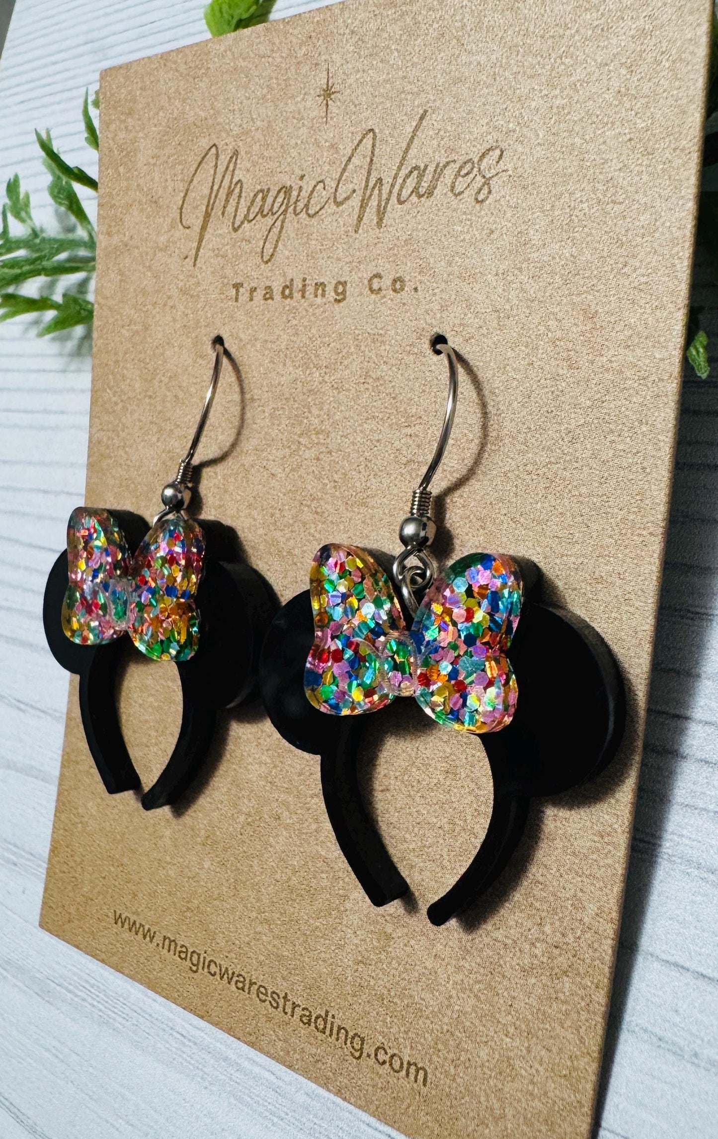 Minnie Confetti Glitter Headband Ears Dangle Earrings, Black Mouse ears headband earrings, Minnie Glitter Bow Dangle Earrings