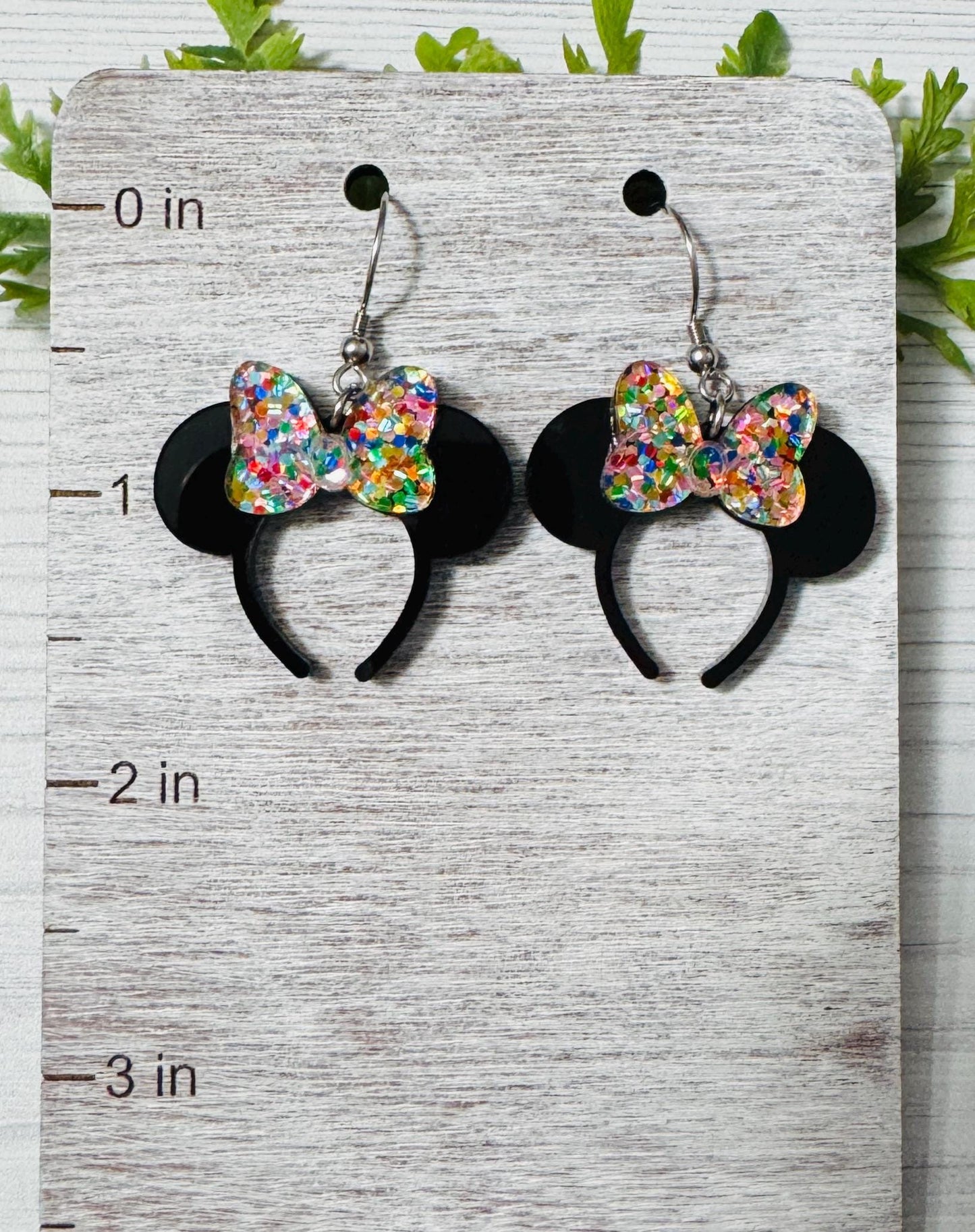 Minnie Confetti Glitter Headband Ears Dangle Earrings, Black Mouse ears headband earrings, Minnie Glitter Bow Dangle Earrings
