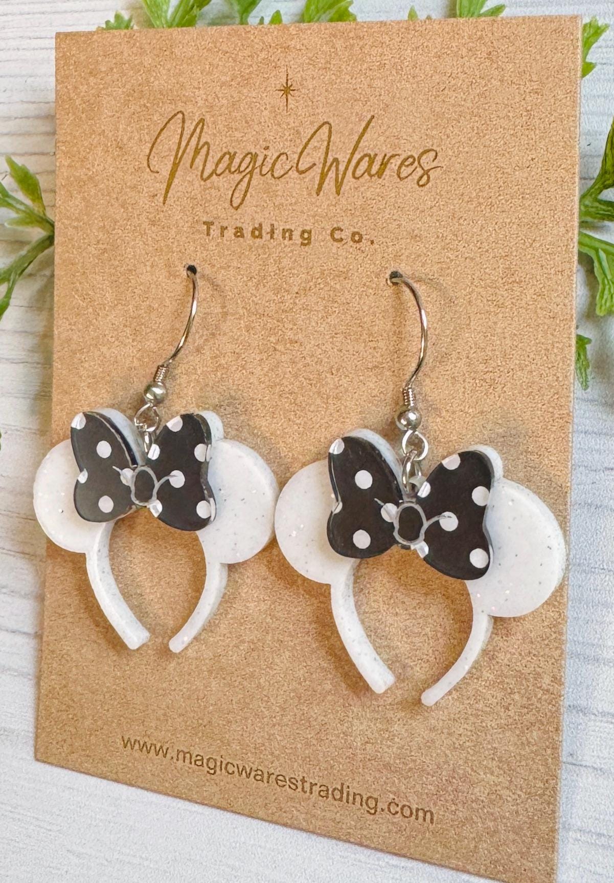 Minnie White Glitter Headband Ears Dangle Earrings, Black Polka Dot Mouse ears headband, Glitter Mouse Ears Dangle Earrings
