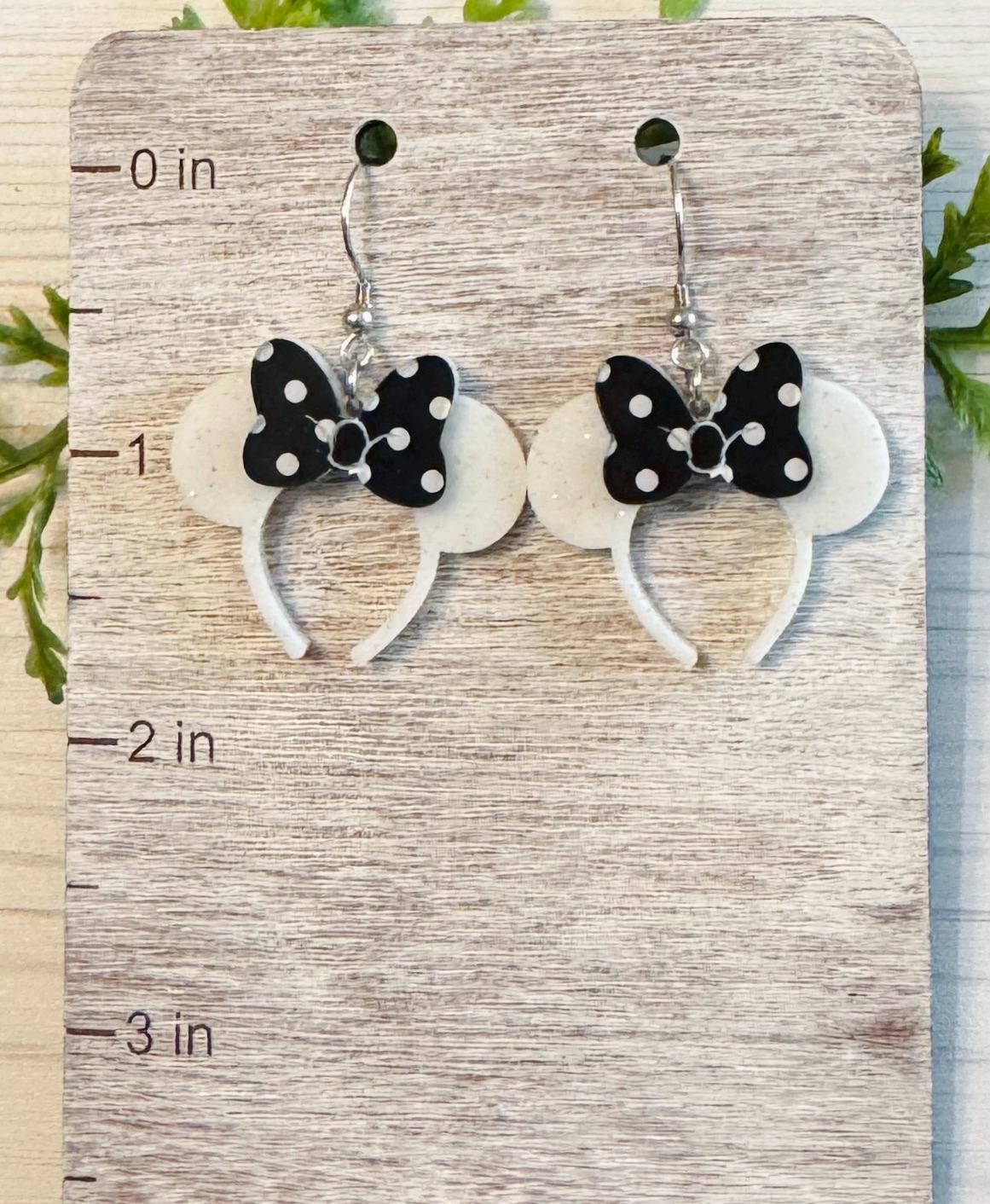 Minnie White Glitter Headband Ears Dangle Earrings, Black Polka Dot Mouse ears headband, Glitter Mouse Ears Dangle Earrings