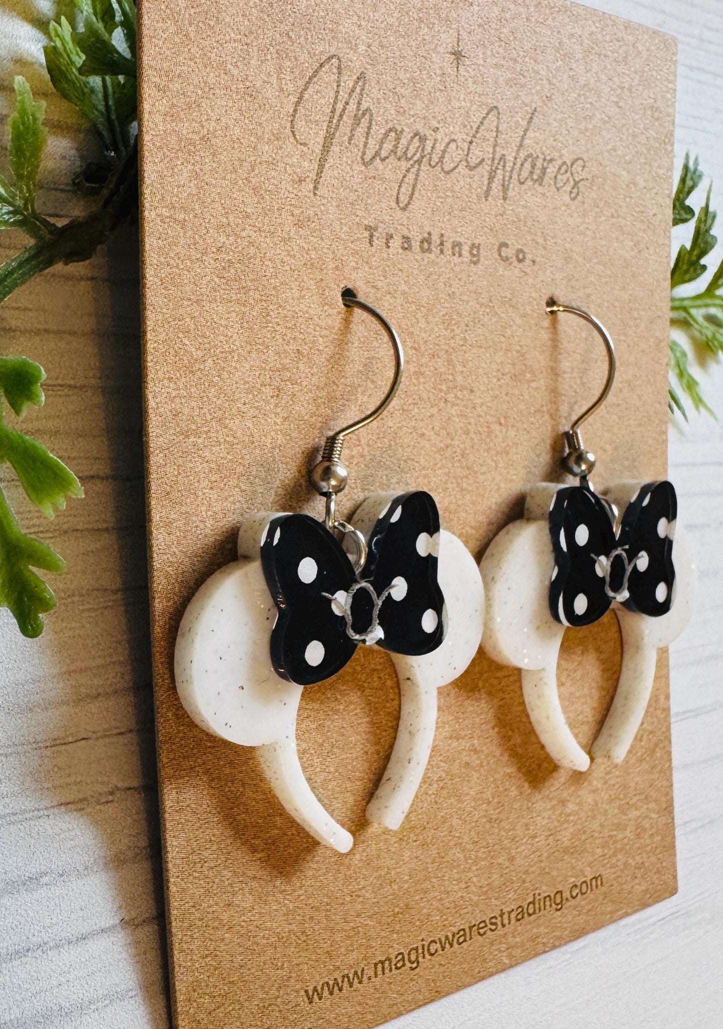 Minnie White Glitter Headband Ears Dangle Earrings, Black Polka Dot Mouse ears headband, Glitter Mouse Ears Dangle Earrings