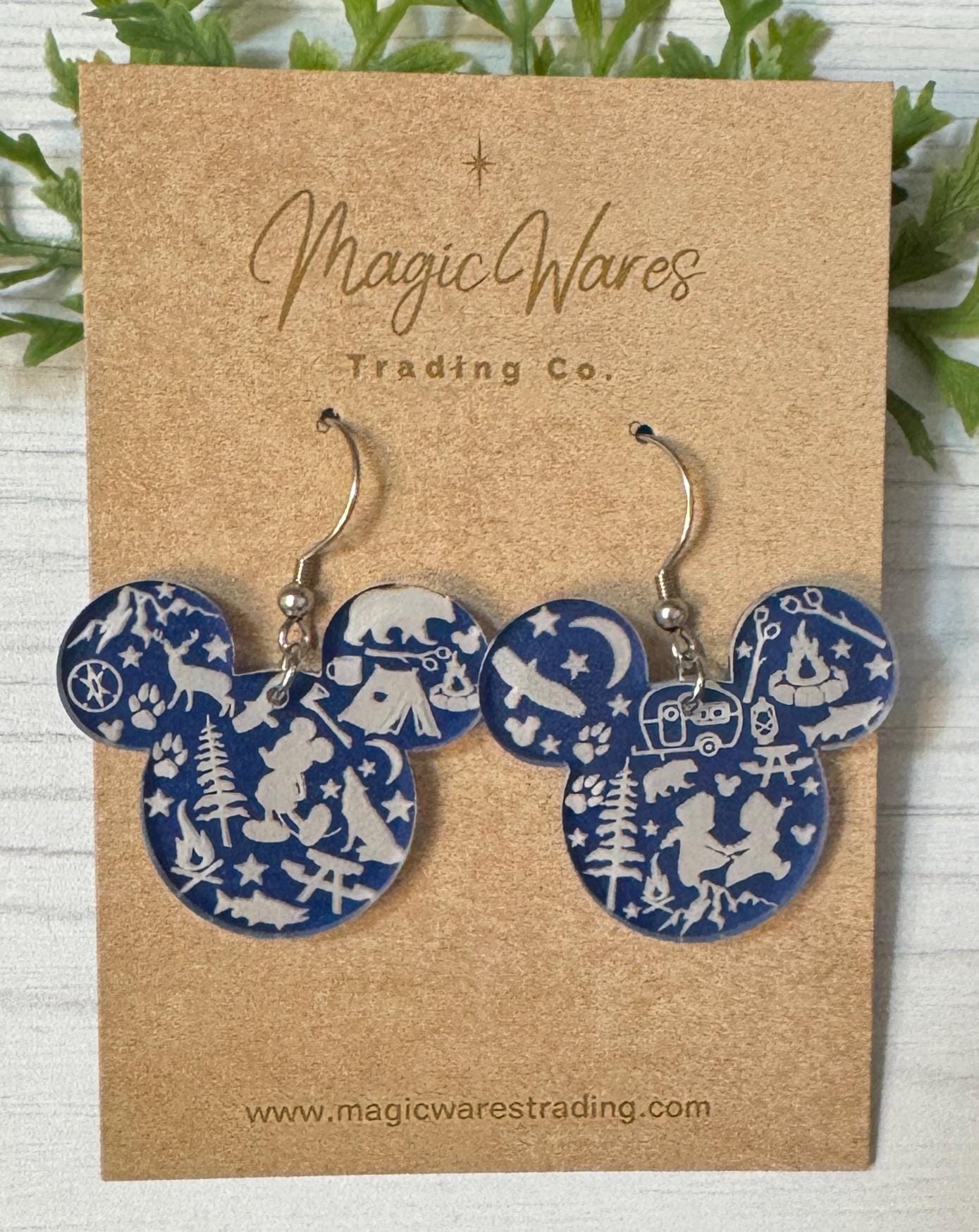 Wilderness Mouse Engraved Blue Crystal Acrylic Earrings, Mouse head Engraved Dangle Earrings, Camping Earrings, Disney Adult Earrings