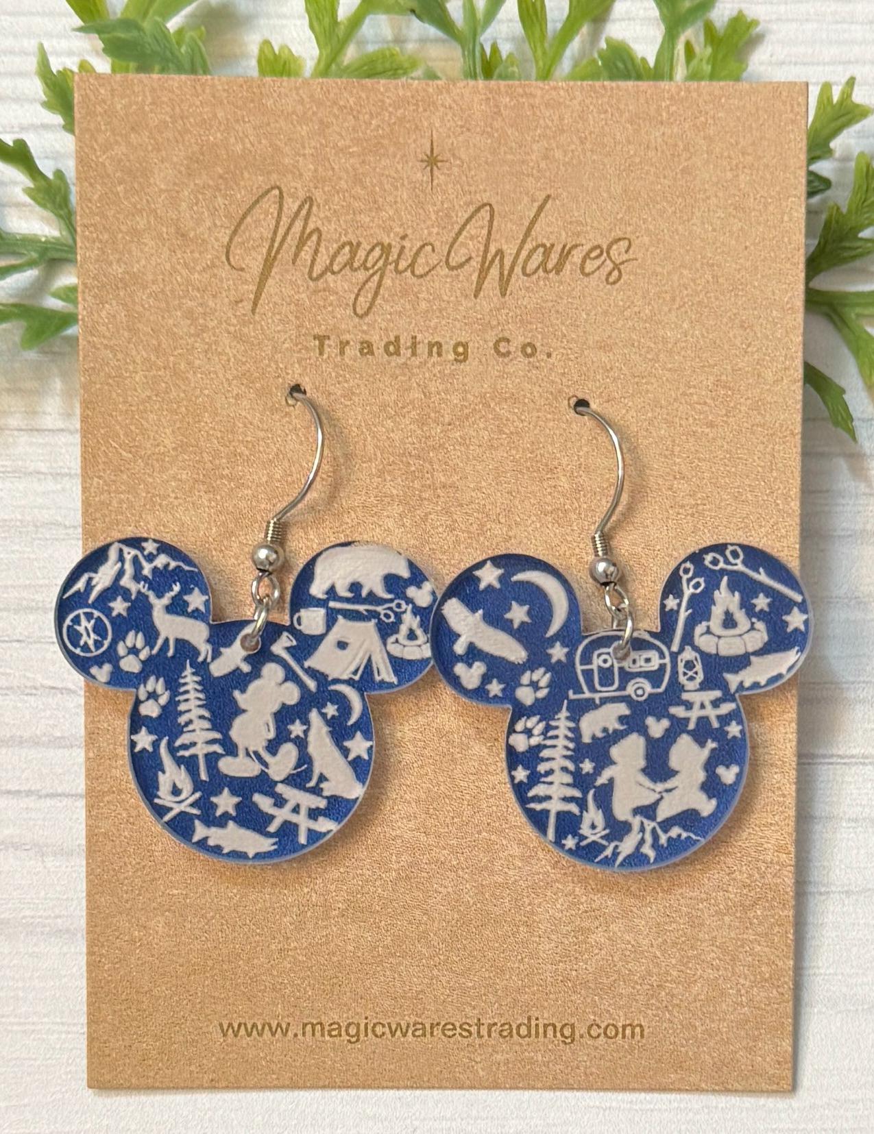 Wilderness Mouse Engraved Blue Crystal Acrylic Earrings, Mouse head Engraved Dangle Earrings, Camping Earrings, Disney Adult Earrings