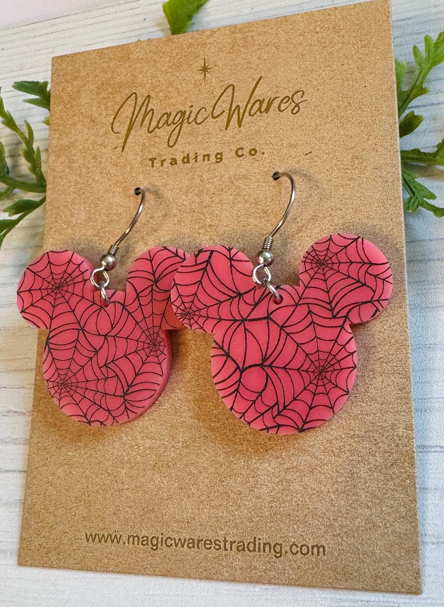Pink Spiderwebs Laser cut Mouse head Dangle Earrings, Spiderweb Pattern Crystal Acrylic Halloween earrings, Not So Scary Halloween Party