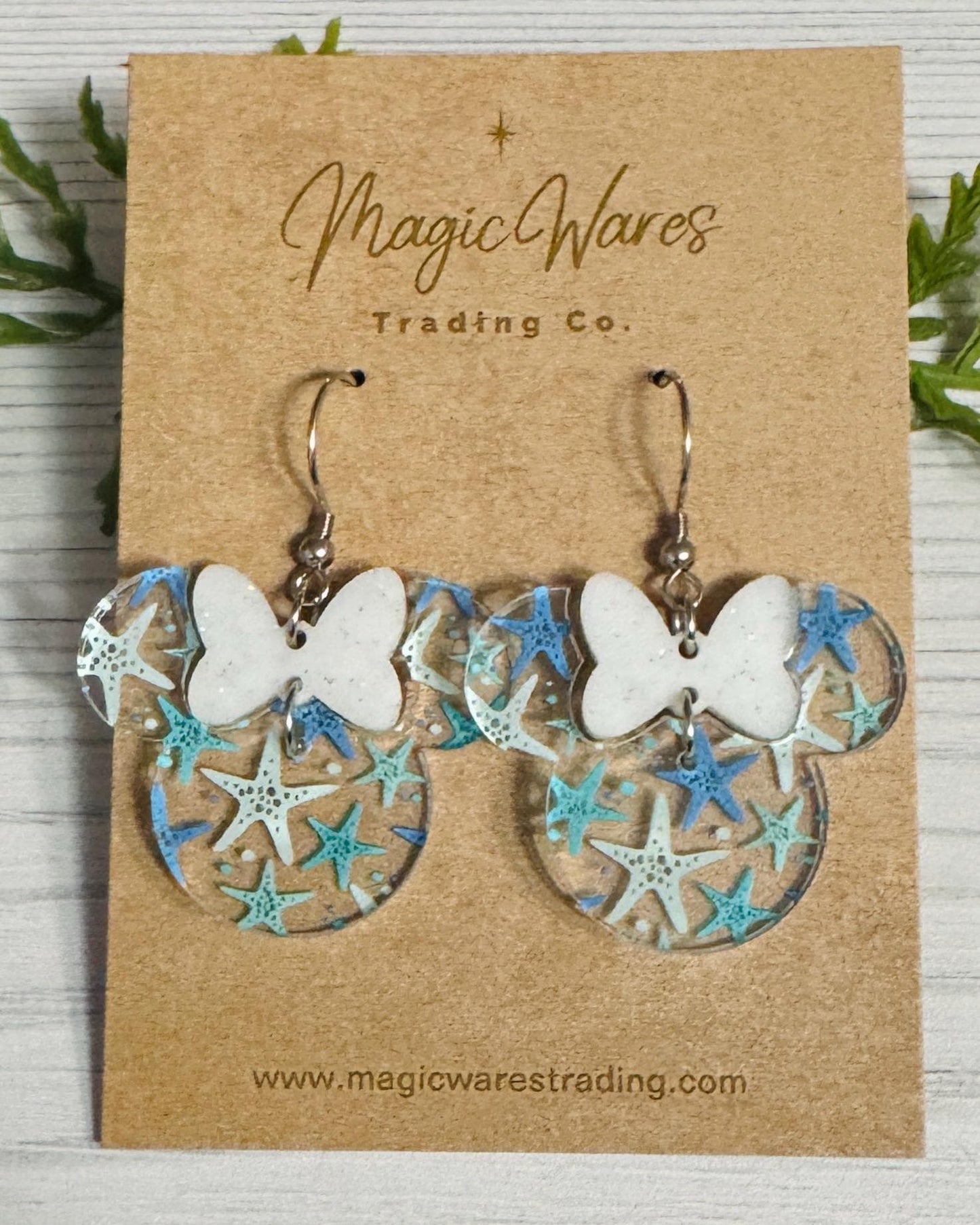 Starfish Minnie, White Glitter Minnie Bow Dangles, Laser cut Starfish Pattern Acrylic Earrings, Mermaid inspired earrings, Beach earrings