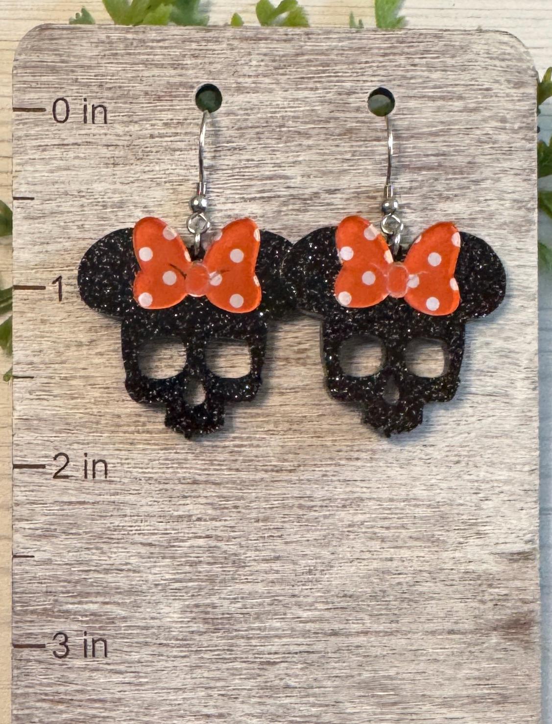 Minnie Skull Black Glitter Acrylic Earrings, Orange Polka Dot Bow Mouse Skull Dangle Earrings, Halloween Earrings Black Skull Earrings