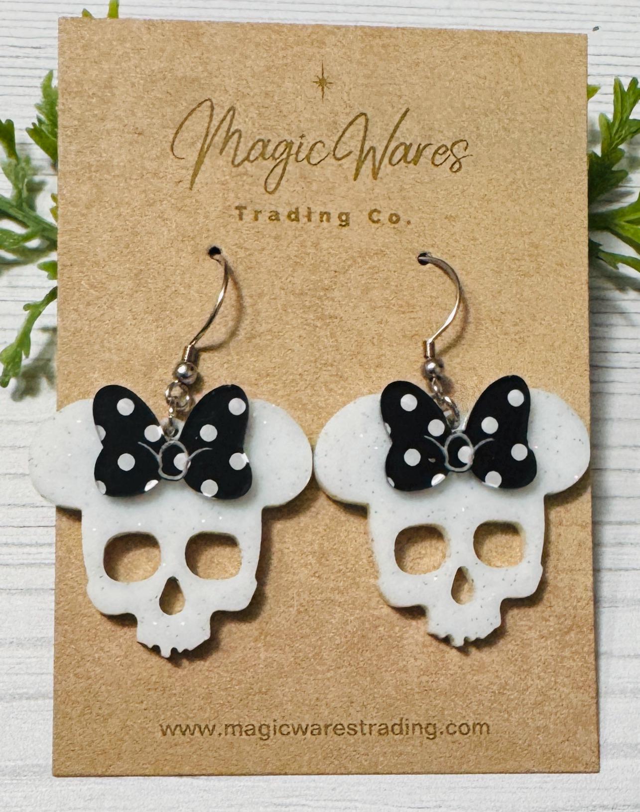 Minnie Skull White Glitter Acrylic Earrings, Black and White Polka Dot Bow Mouse Skull Dangle Earrings, Halloween Party Earrings
