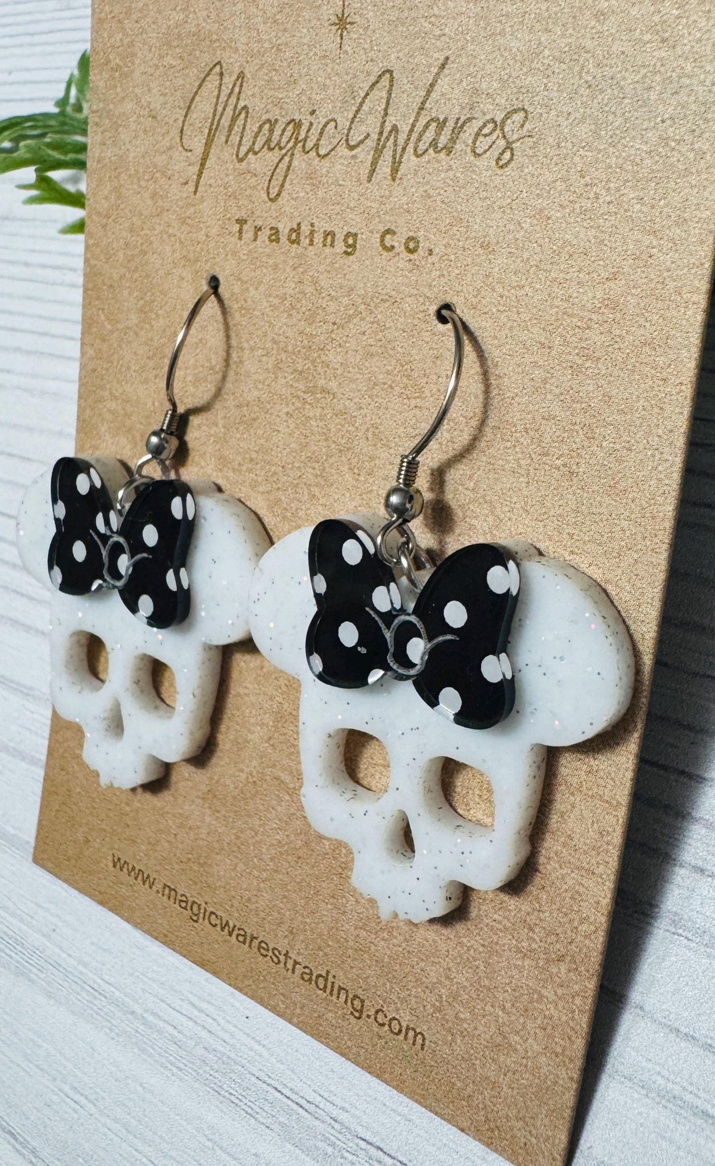 Minnie Skull White Glitter Acrylic Earrings, Black and White Polka Dot Bow Mouse Skull Dangle Earrings, Halloween Party Earrings