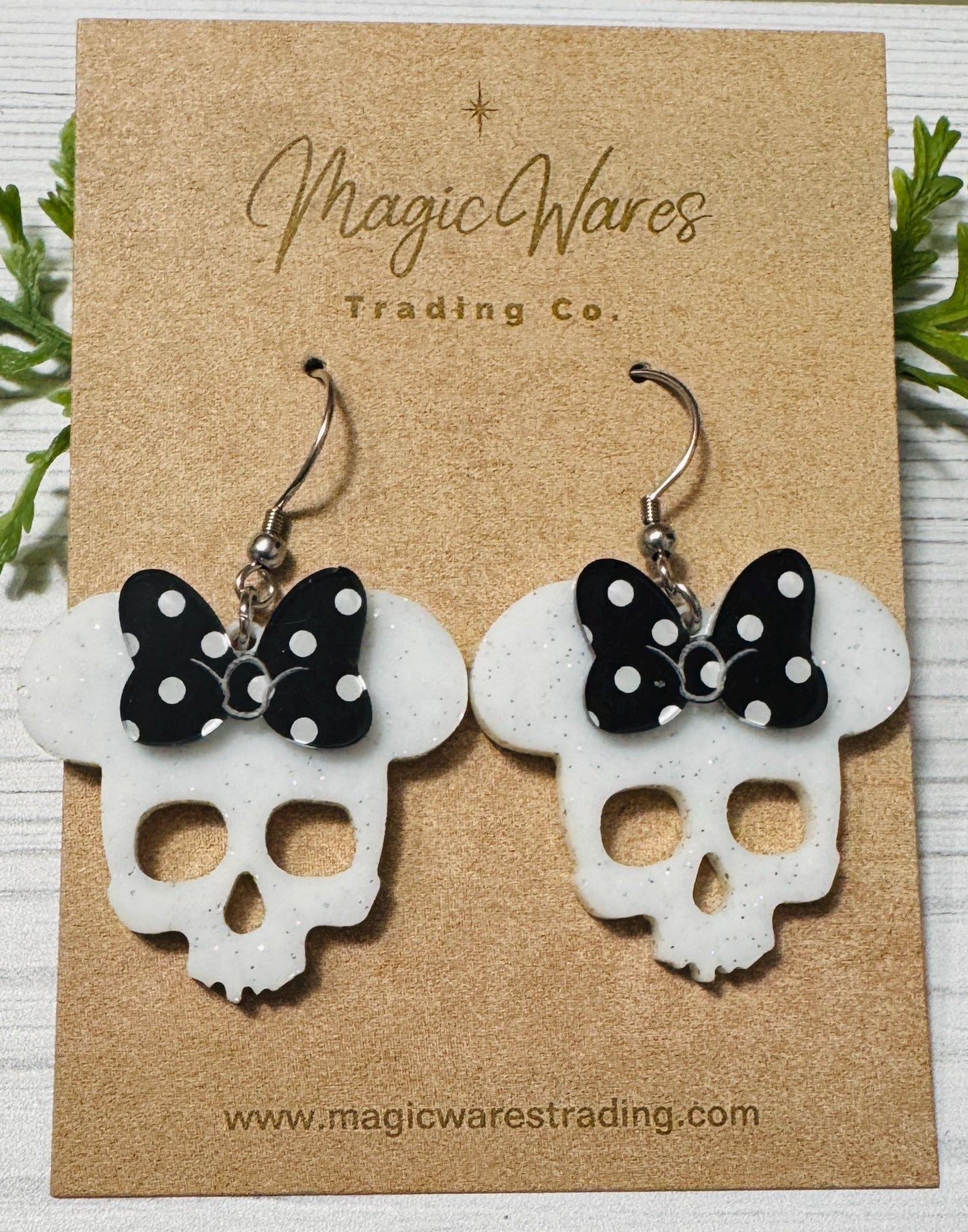 Minnie Skull White Glitter Acrylic Earrings, Black and White Polka Dot Bow Mouse Skull Dangle Earrings, Halloween Party Earrings