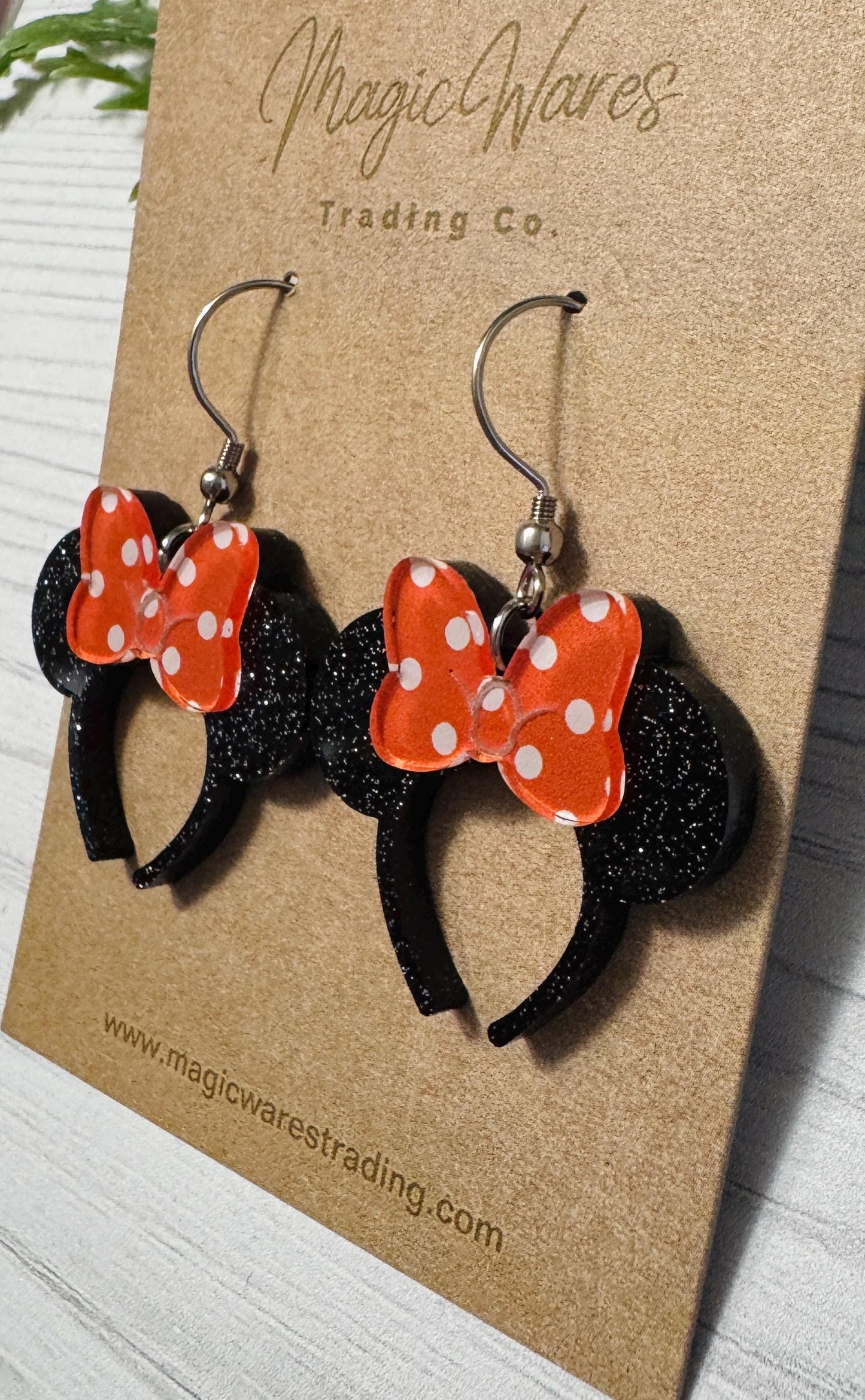 Minnie Black Glitter Headband Ears Dangle Earrings, Orange Polka Dot Mouse ears headband, Halloween Earrings, Mouse Ears Dangle Earrings