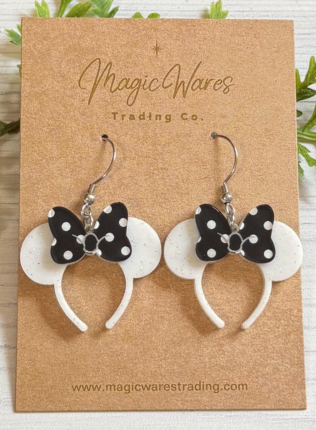 Minnie White Glitter Headband Ears Dangle Earrings, Black Polka Dot Mouse ears headband, Glitter Mouse Ears Dangle Earrings