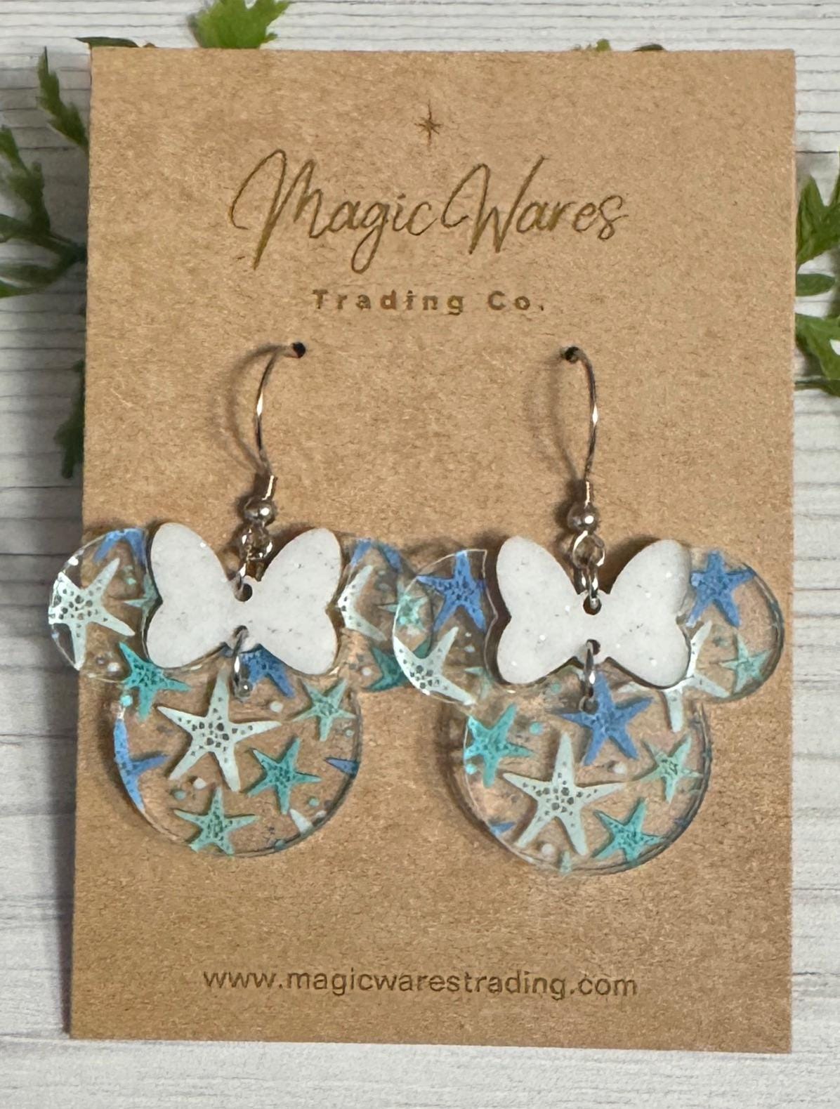 Starfish Minnie, White Glitter Minnie Bow Dangles, Laser cut Starfish Pattern Acrylic Earrings, Mermaid inspired earrings, Beach earrings