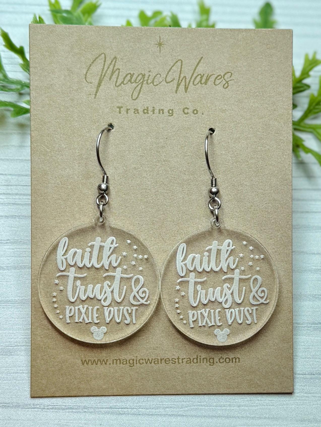Faith Trust and Pixie Dust Engraved Dangle Earrings, Clear acrylic engraved earrings, Tinkerbell inspired earrings, Pixie Hollow earrings