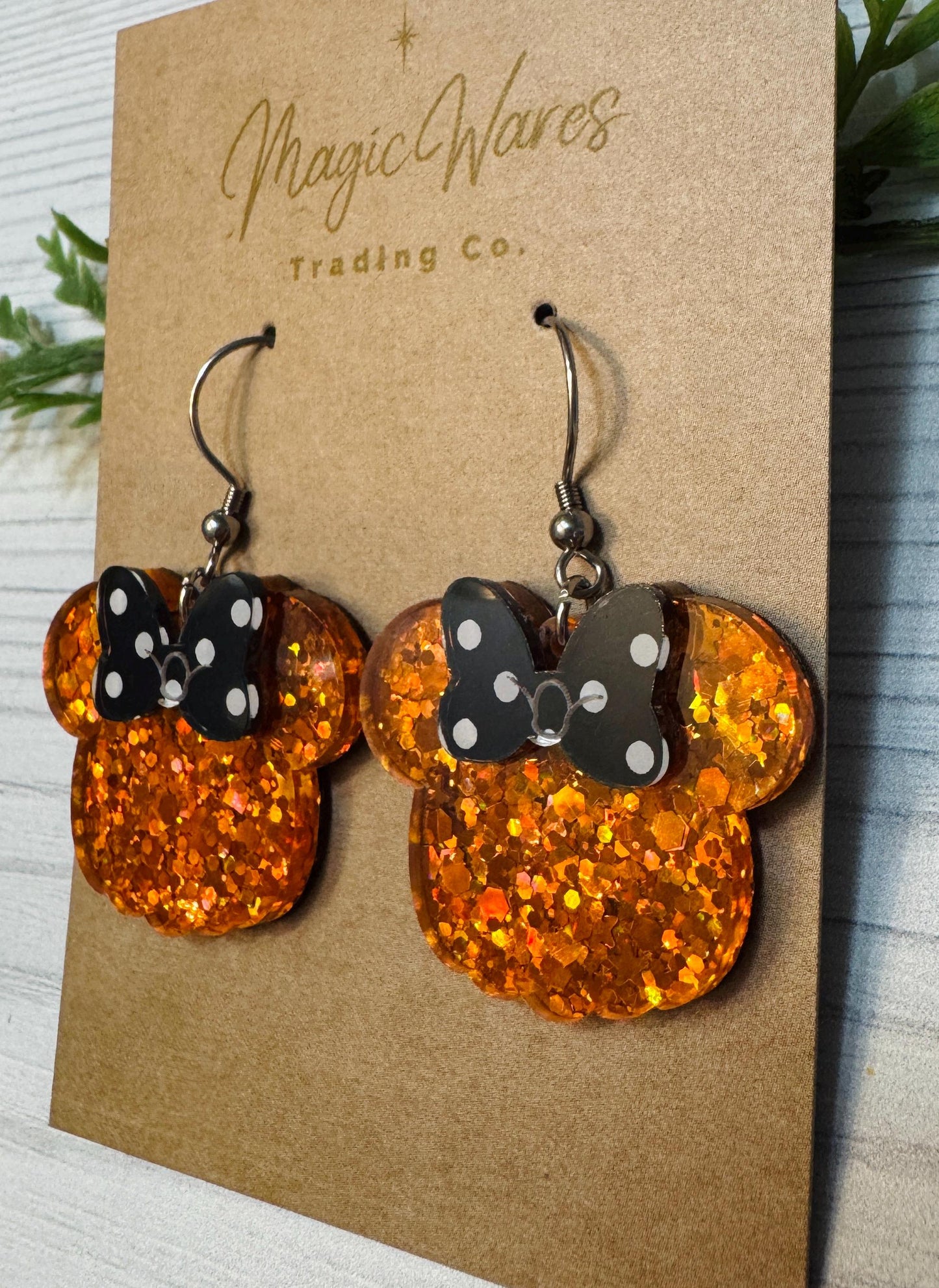 Pumpkin Sparkle Mouse Dangle Earrings, Black Polka Dot Bow Earrings, Orange Glitter Lightweight Acrylic Earrings, Halloween Pumpkin Earrings