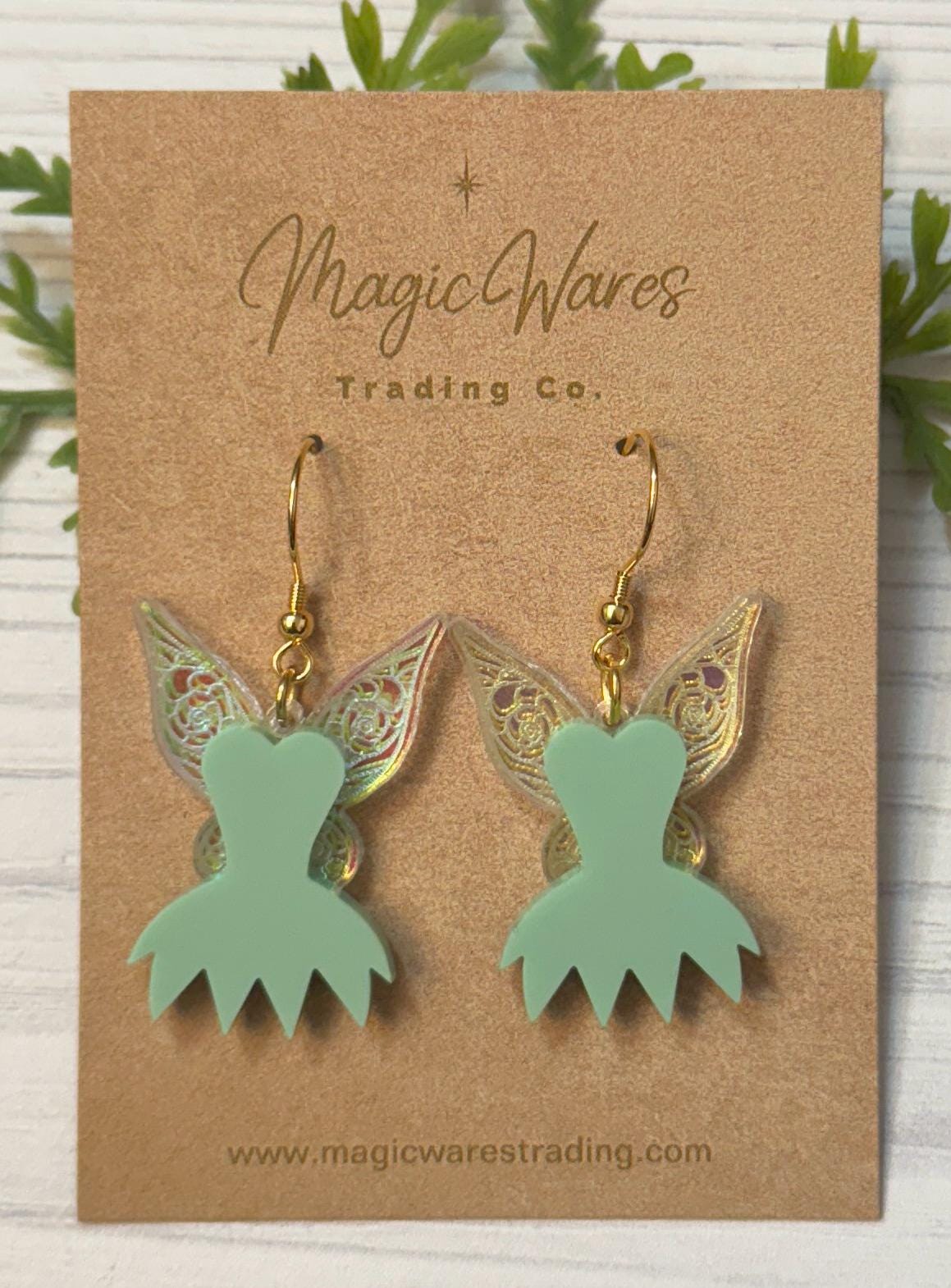 Fairy Dress Dangle Earrings, Iridescent acrylic engraved Fairy Wing earrings, Tinker Bell inspired earrings, Pixie Hollow earrings