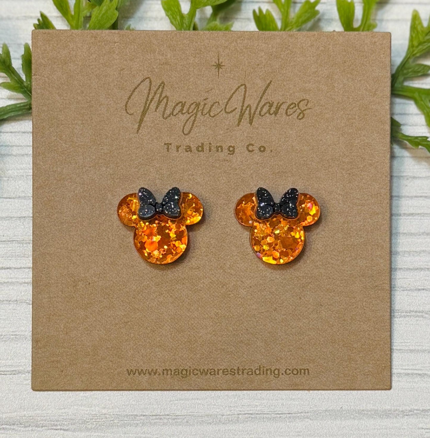 Orange Sparkle Mouse Stud Earrings, Black or White Glitter Bow Mouse head post earrings, Halloween Mouse Stud Earrings, Orange glitter studs