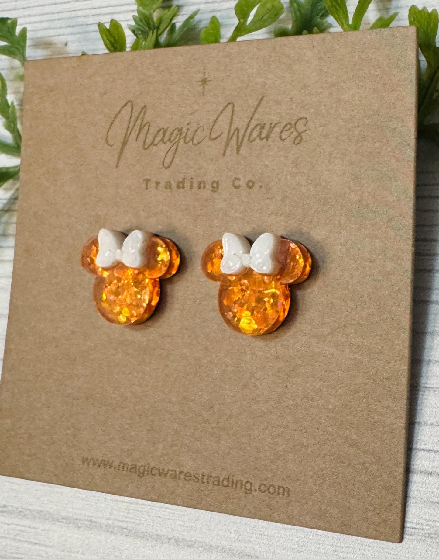 Orange Sparkle Mouse Stud Earrings, Black or White Glitter Bow Mouse head post earrings, Halloween Mouse Stud Earrings, Orange glitter studs