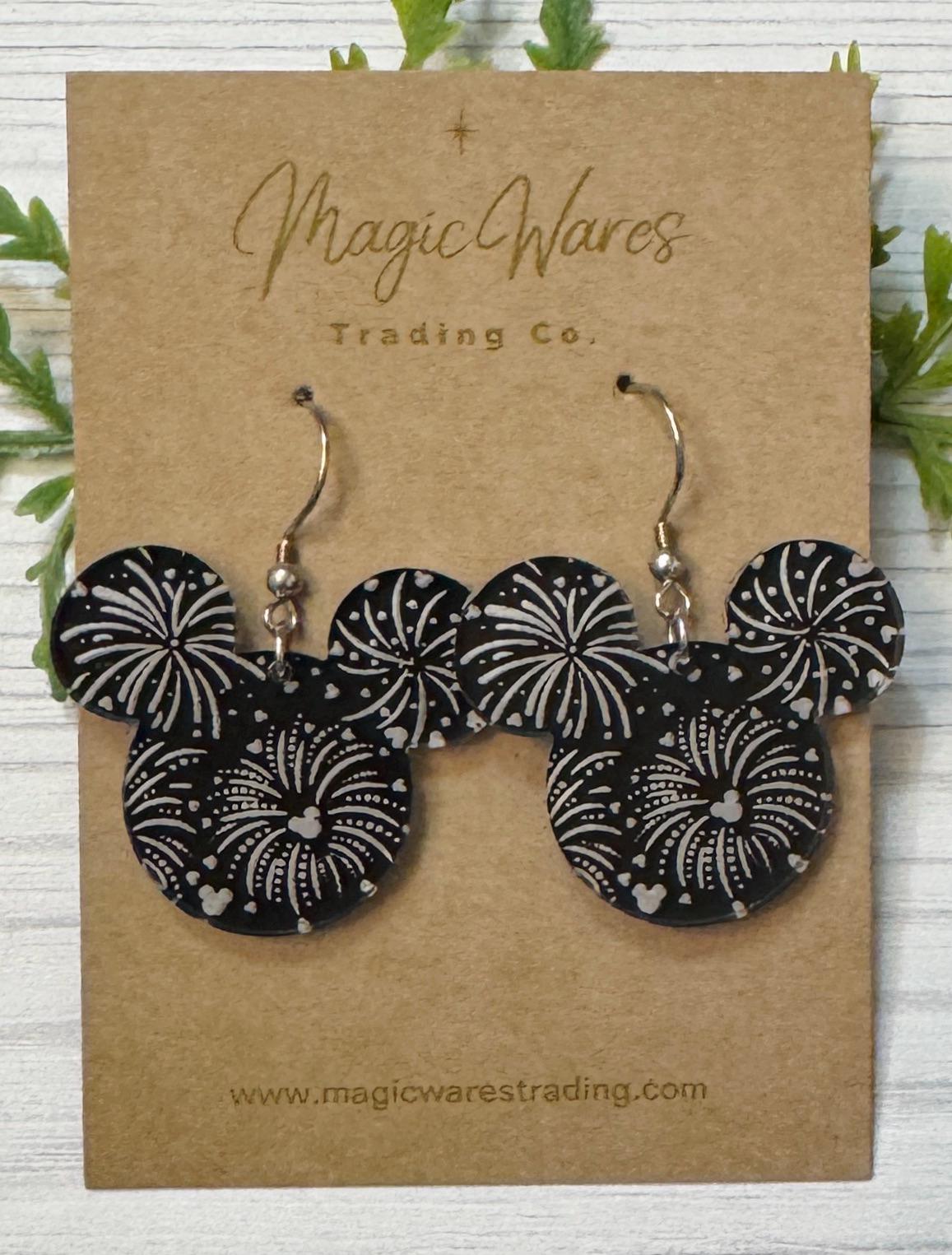 Fireworks at Night Crystal Acrylic Earrings, Mouse head Acrylic Laser Engraved Dangle Earrings, Fireworks earrings