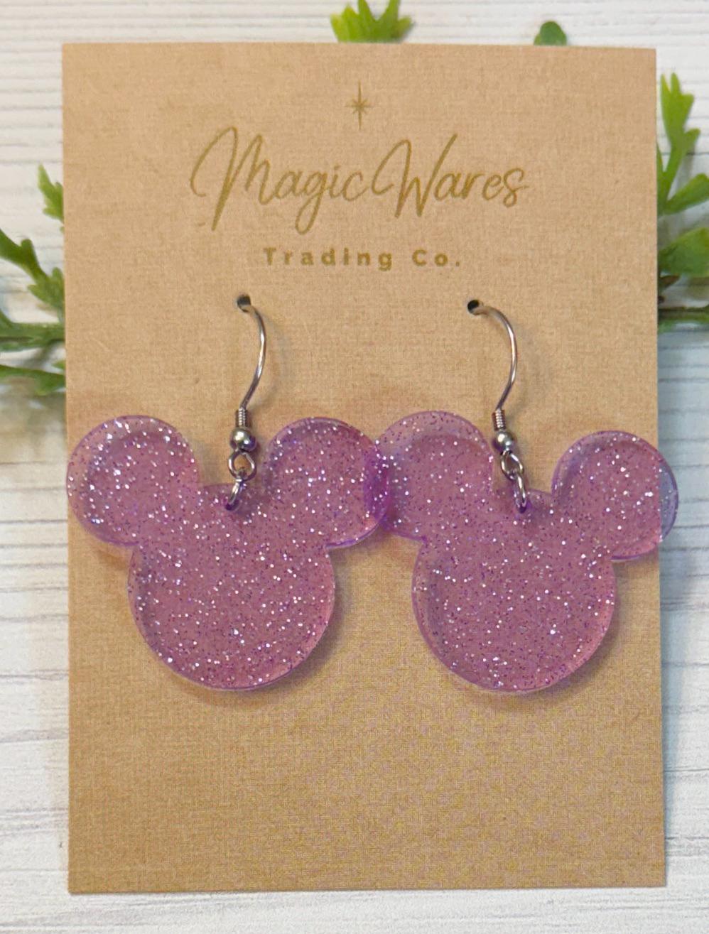 Purple Jelly Glitter Mouse head Dangle Earrings, Laser cut translucent Purple Glitter Acrylic Earrings, Glitter earrings