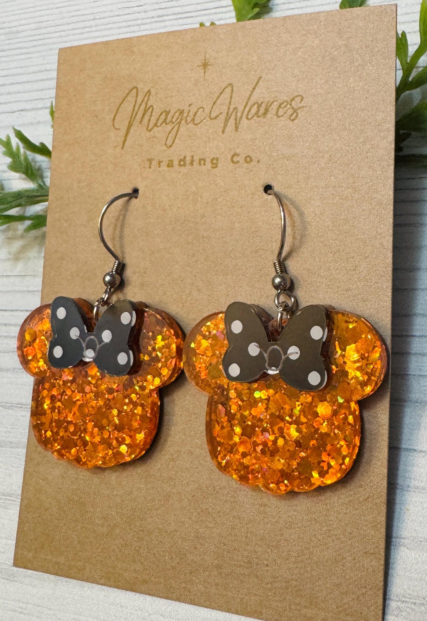 Pumpkin Sparkle Mouse Dangle Earrings, Black Polka Dot Bow Earrings, Orange Glitter Lightweight Acrylic Earrings, Halloween Pumpkin Earrings