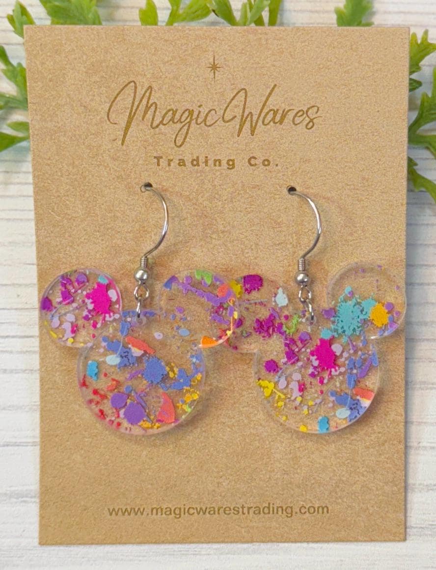 Paint Splatter Festival of the Arts Inspired Mouse head Dangle, Paint splatter Pattern on Crystal Acrylic, Lightweight Acrylic Earrings