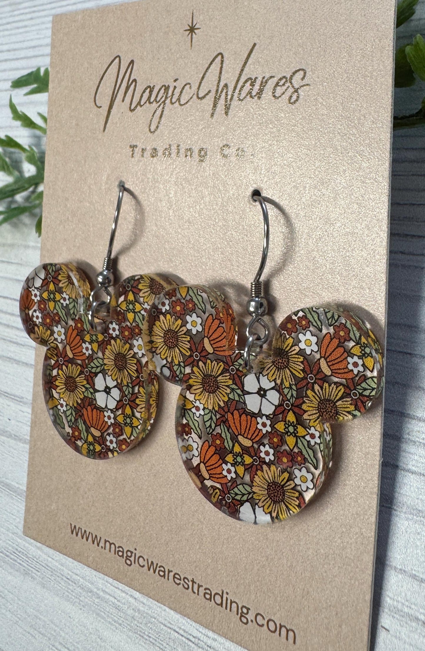 70s Floral Mouse Head Dangle Earrings, Laser Cut Acrylic Dangle Earrings, Retro Floral patterned Earrings, Dangle Earrings
