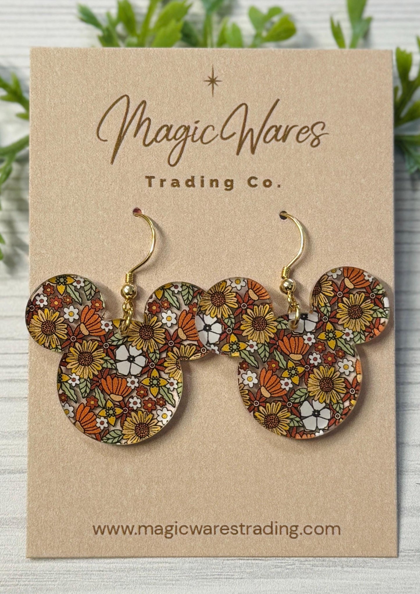 70s Floral Mouse Head Dangle Earrings, Laser Cut Acrylic Dangle Earrings, Retro Floral patterned Earrings, Dangle Earrings