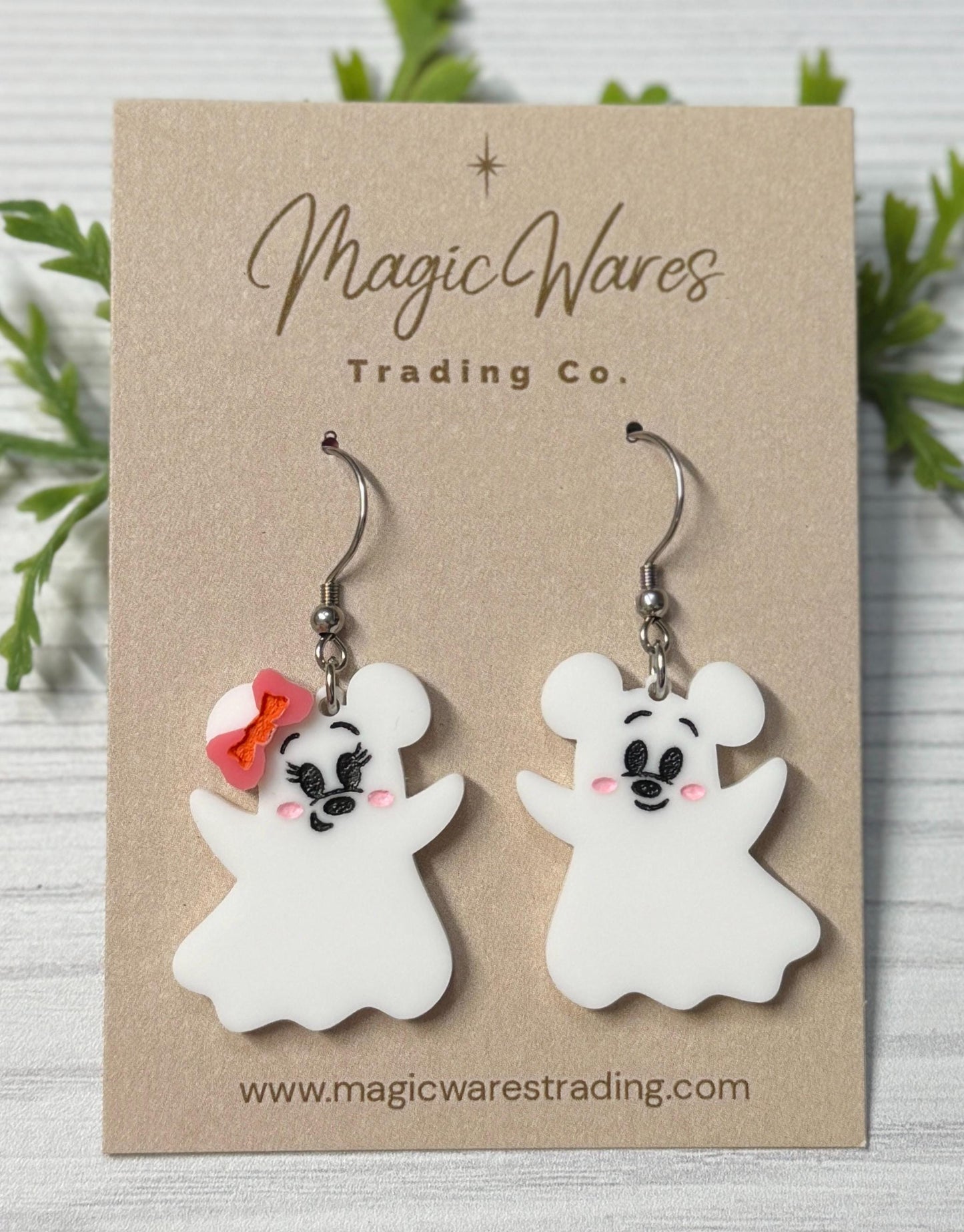 Cute Ghost Mouse Dangle Earrings, Choose Glow in the Dark or White Acrylic Earrings, Minnie Ghost Earrings, Halloween party earrings