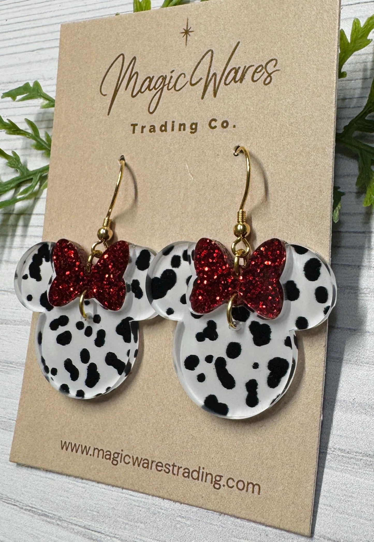 Dalmatian Minnie Bow Dangle Earrings, Laser cut White and Black Dalmatian Spotted Acrylic Earrings, 101 Dalmatians Cruella inspired earrings