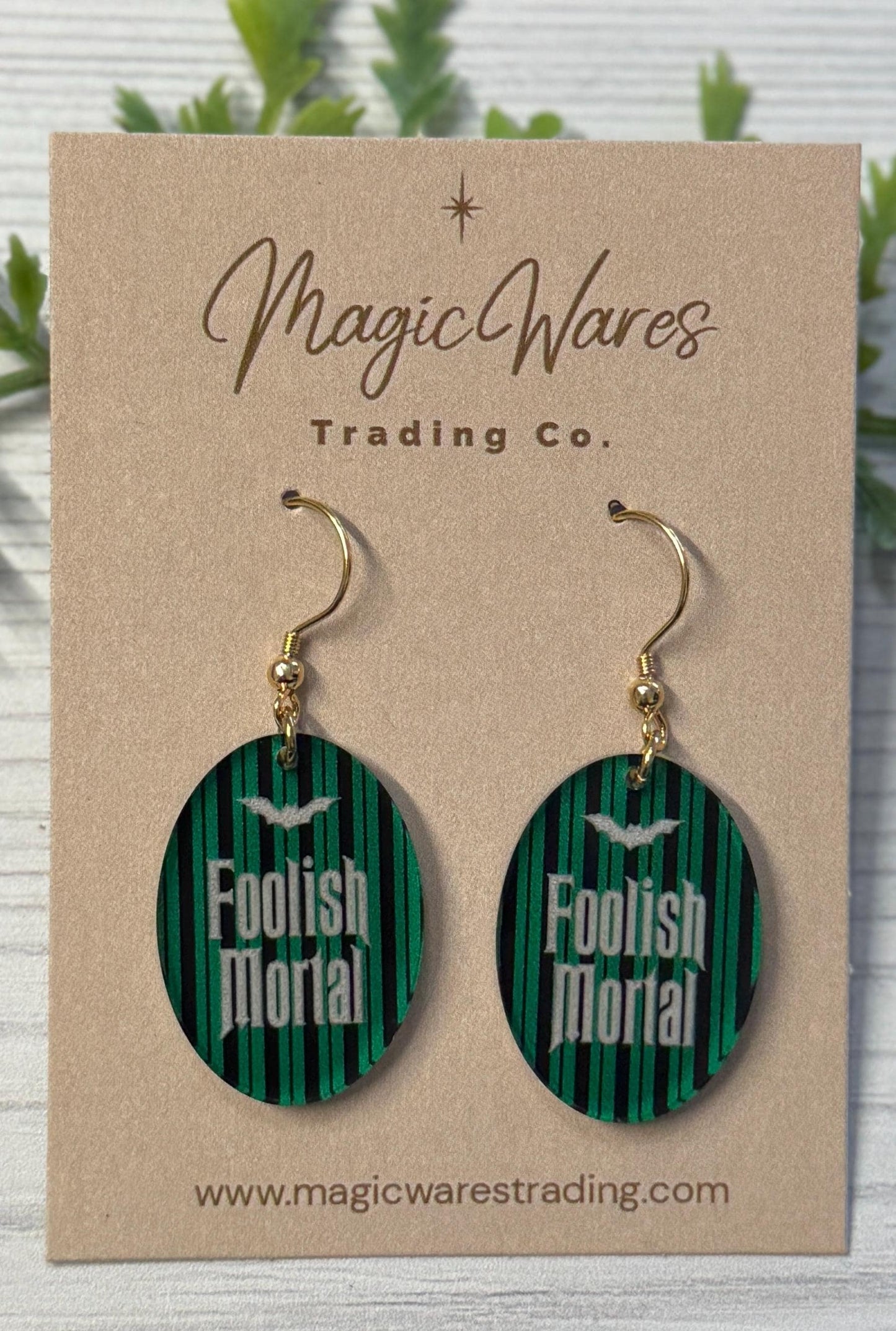 Foolish Mortal Dangle Earrings, Clear acrylic with Ghost Host striped Pattern, Haunted Mansion Earrings, Halloween Earrings