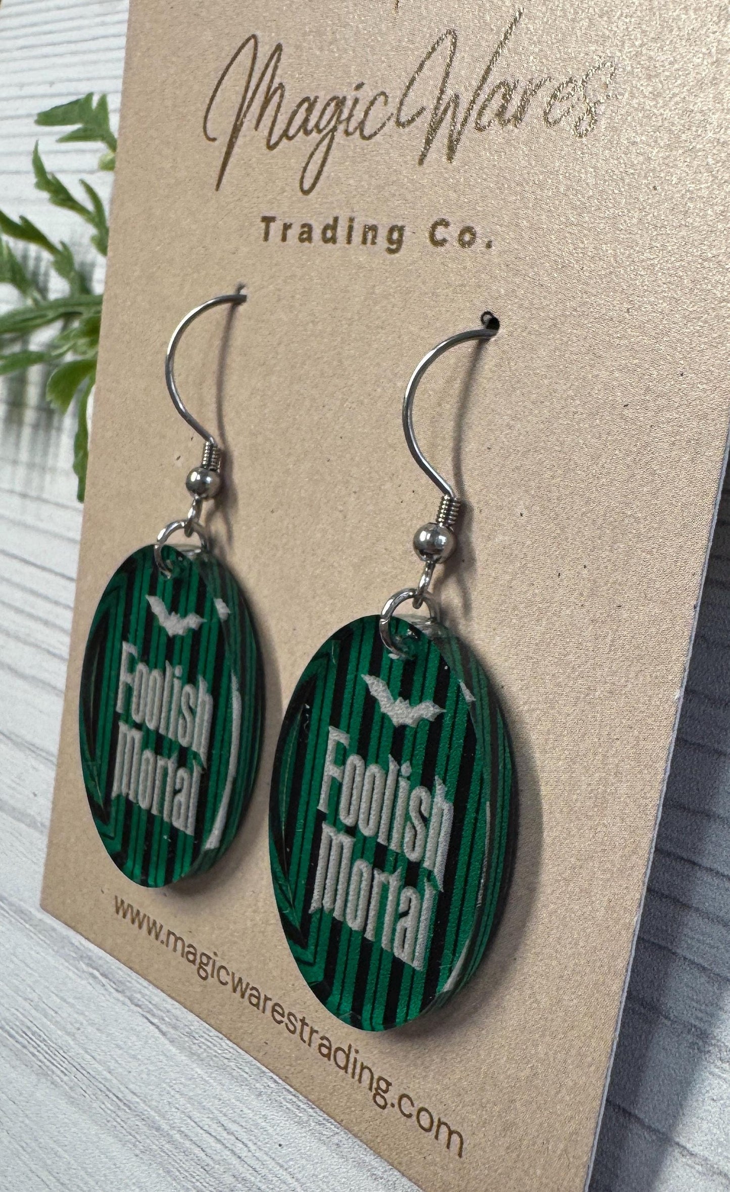 Foolish Mortal Dangle Earrings, Clear acrylic with Ghost Host striped Pattern, Haunted Mansion Earrings, Halloween Earrings