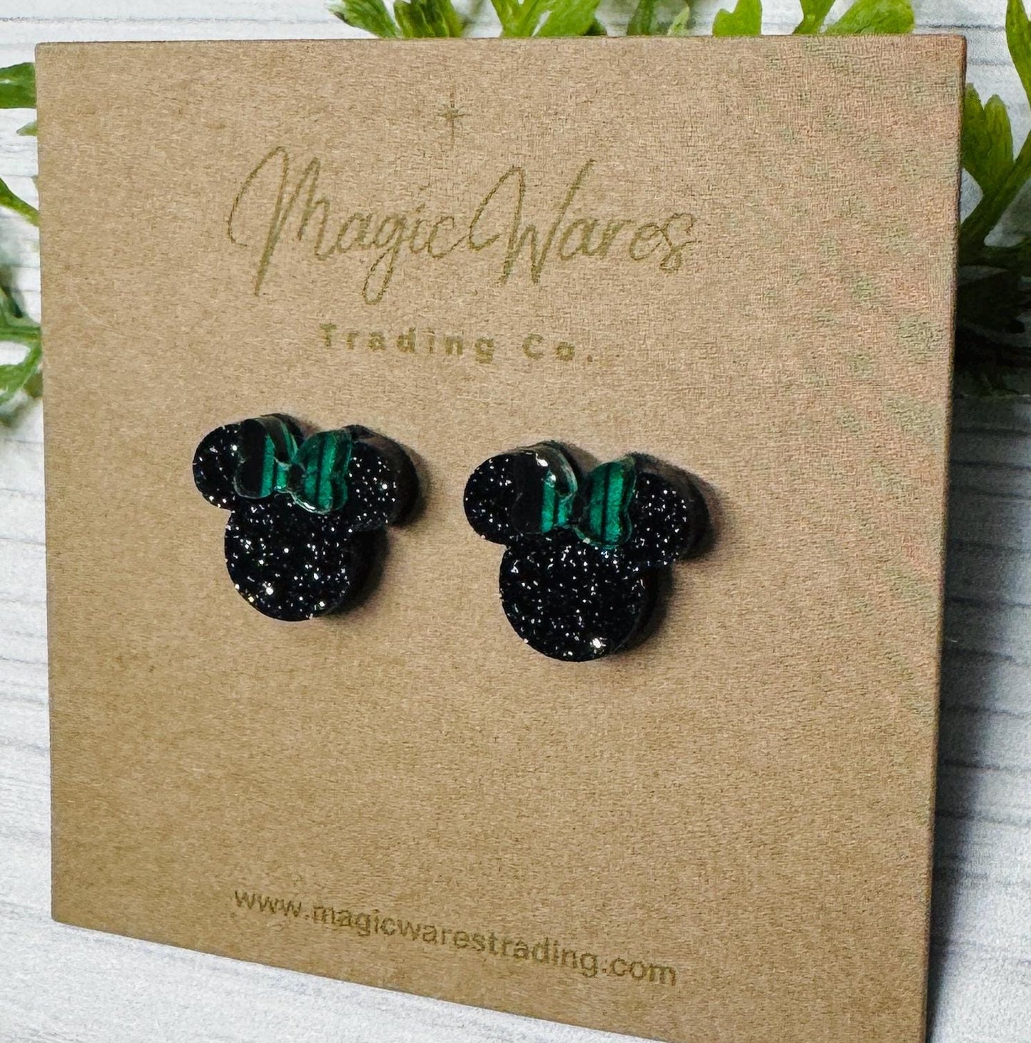 Black Glitter Mouse head Stud Earrings with Striped Bow, Ghost Host Green and Black striped bow Stud earrings, Clip ons available