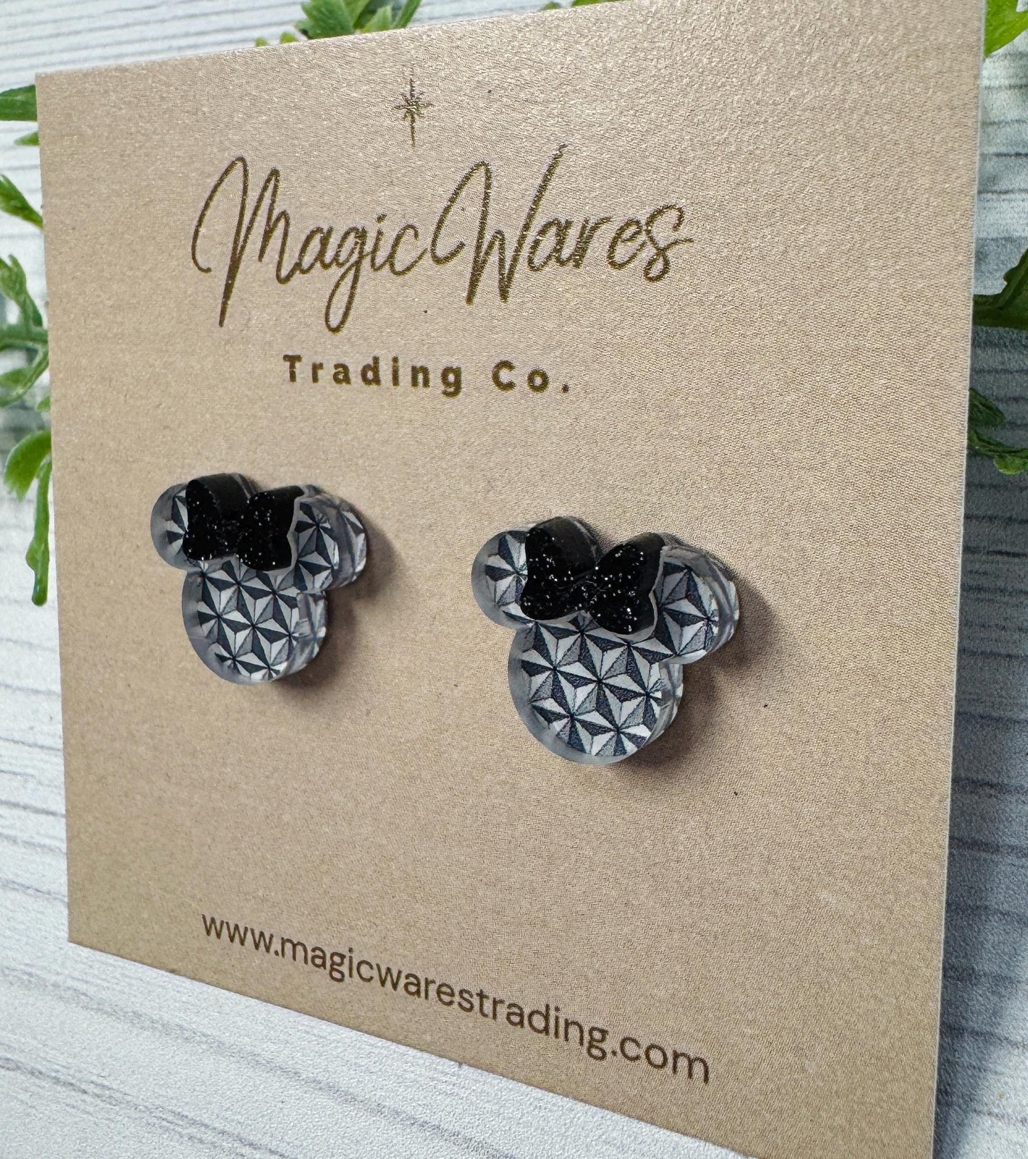 Spaceship Geometric Stud Earrings with Black Glitter Bow, Mouse Head Black Glitter Bow Studs, Epcot inspired Earrings, Clip ons available