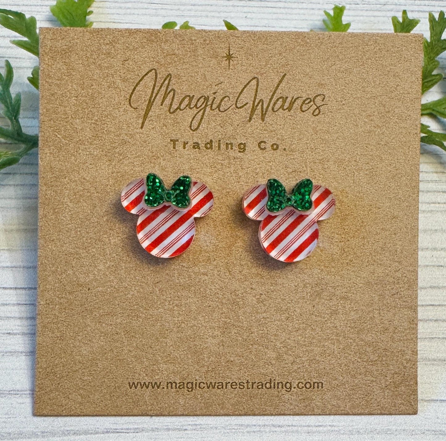 Candy Stripe Stud Earrings with Green Glitter Bow, Mouse Head Glitter Bow Studs, Candy Cane Stripe Earrings, Clip ons available