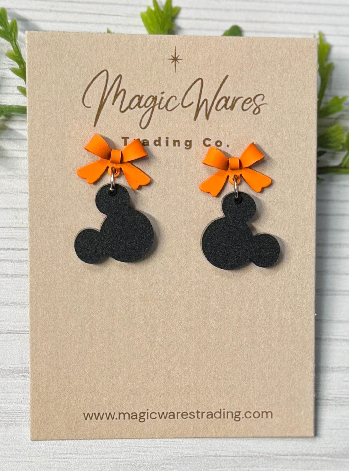 Orange Bow with Black Mouse Head Dangle Earrings, Laser Cut Acrylic and Stainless Steel Stud Earrings, Minnie inspired earrings
