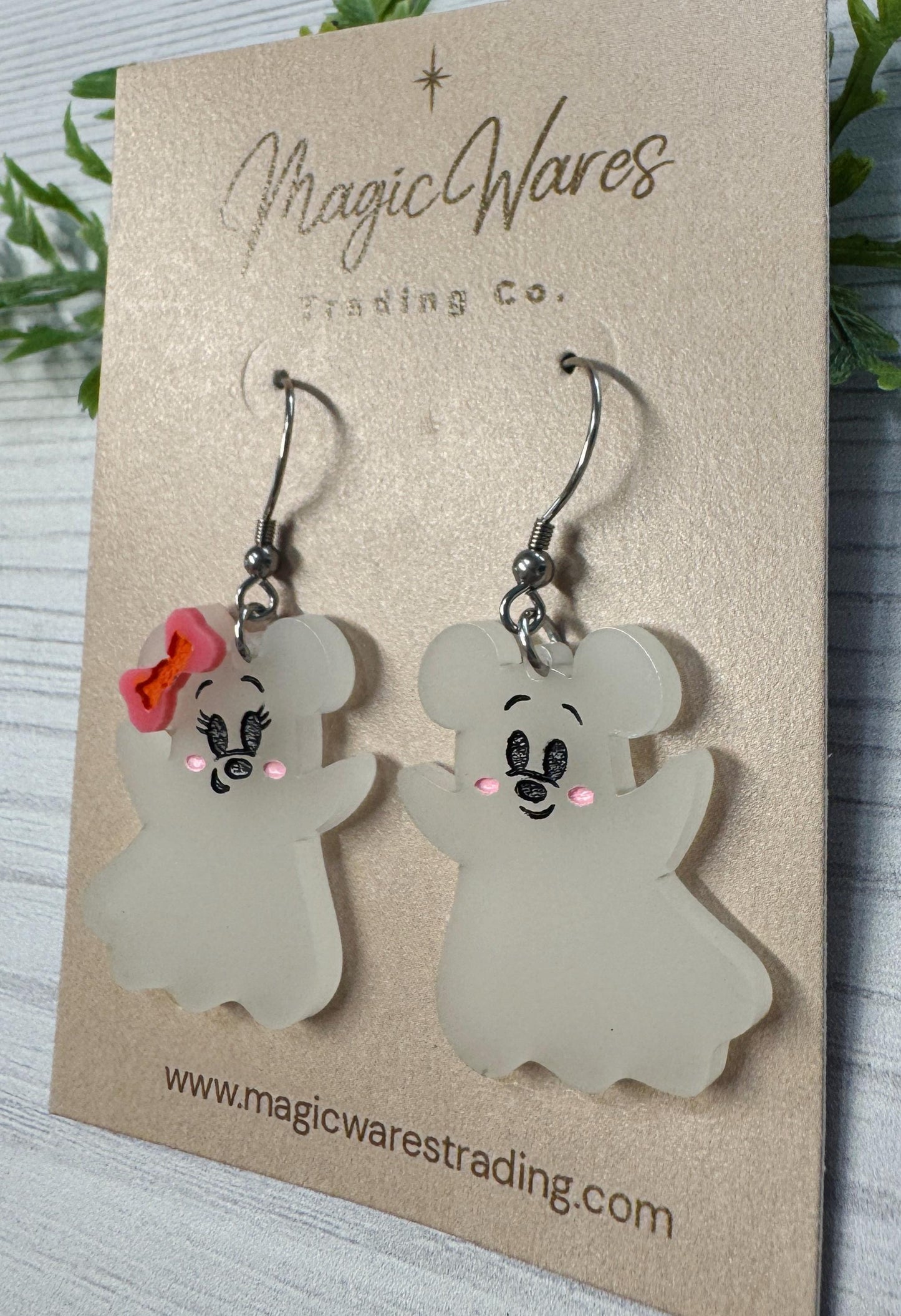 Cute Ghost Mouse Dangle Earrings, Choose Glow in the Dark or White Acrylic Earrings, Minnie Ghost Earrings, Halloween party earrings