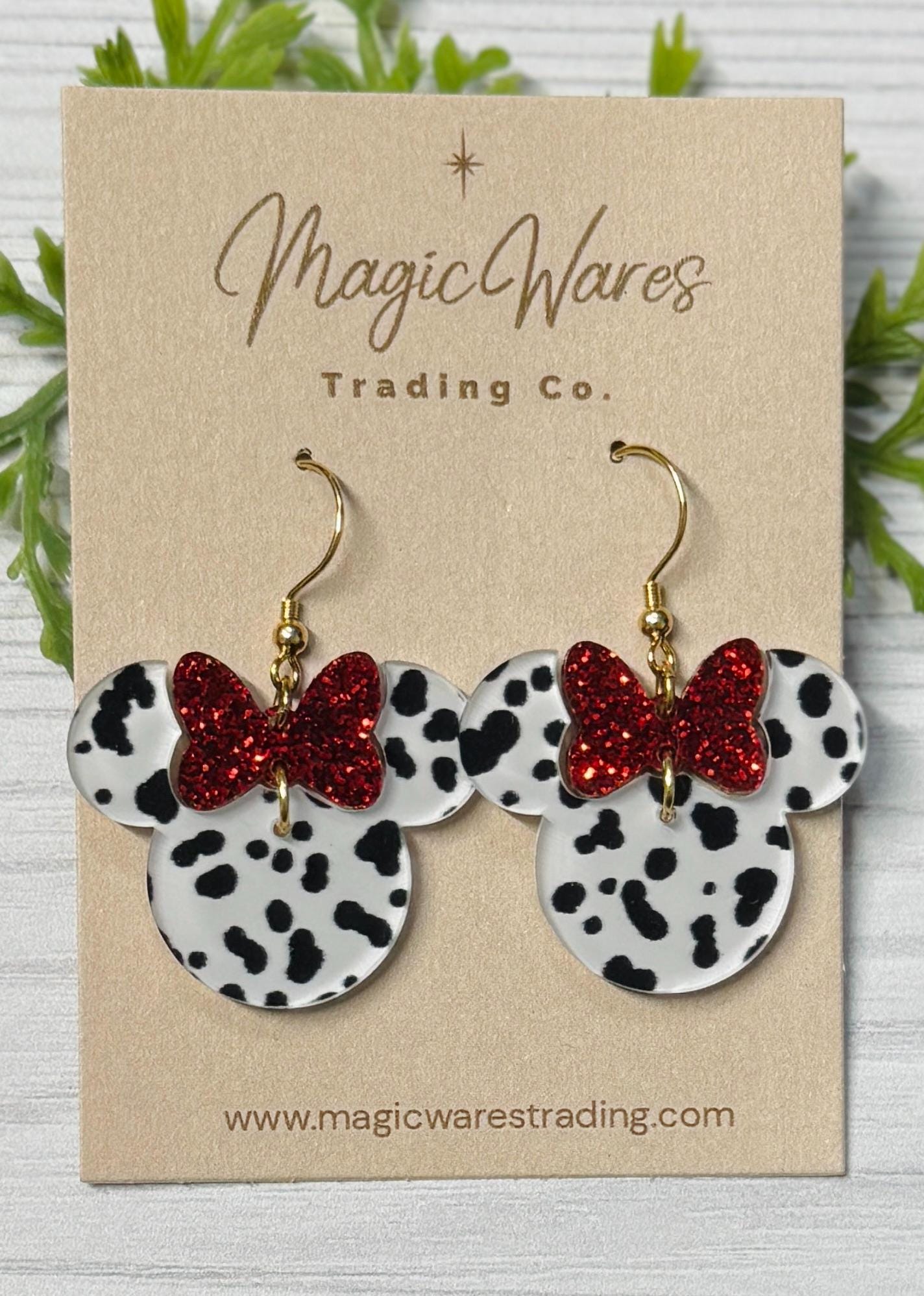 Dalmatian Minnie Bow Dangle Earrings, Laser cut White and Black Dalmatian Spotted Acrylic Earrings, 101 Dalmatians Cruella inspired earrings