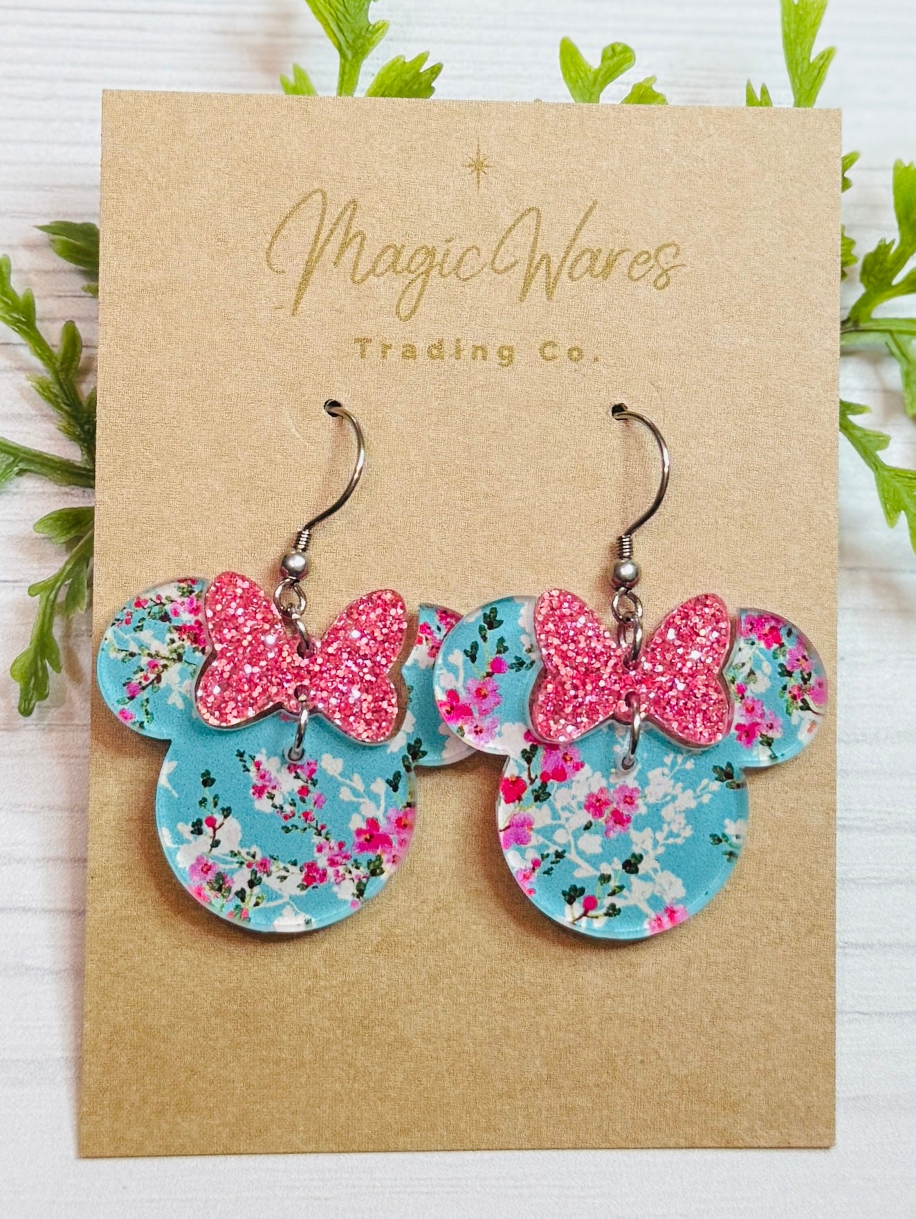 Blue Cherry Blossom Minnie Bow Dangle Earrings, Laser Acrylic Earrings Blue Cherry Blossom with Pink Glitter acrylic bow