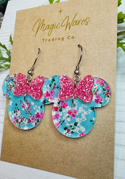 Blue Cherry Blossom Minnie Bow Dangle Earrings, Laser Acrylic Earrings Blue Cherry Blossom with Pink Glitter acrylic bow