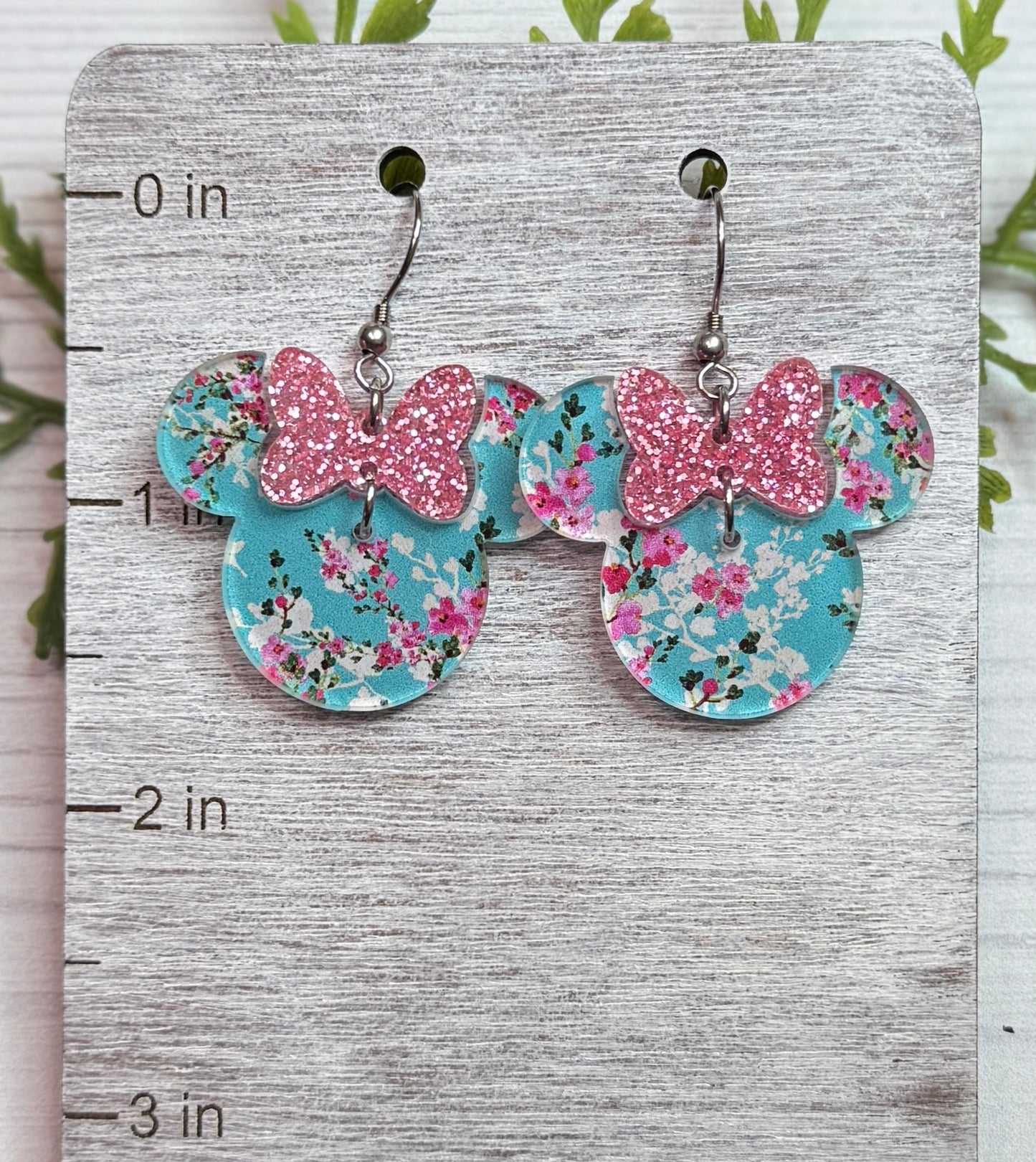 Blue Cherry Blossom Minnie Bow Dangle Earrings, Laser Acrylic Earrings Blue Cherry Blossom with Pink Glitter acrylic bow