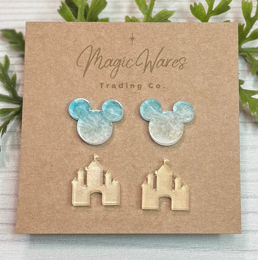 Beach Studs Combo, Sand Castle And Ocean Water Stud earrings, Moana inspired crystal acrylic post earrings