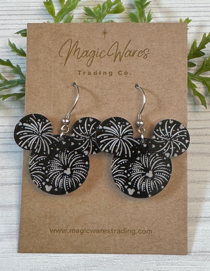 Fireworks at Night, Laser Engraved Black Acrylic Earrings, Engraved Fireworks Earrings, Parks Fireworks Earrings