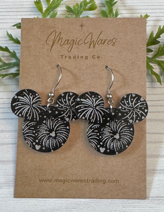 Fireworks at Night, Laser Engraved Black Acrylic Earrings, Engraved Fireworks Earrings, Parks Fireworks Earrings