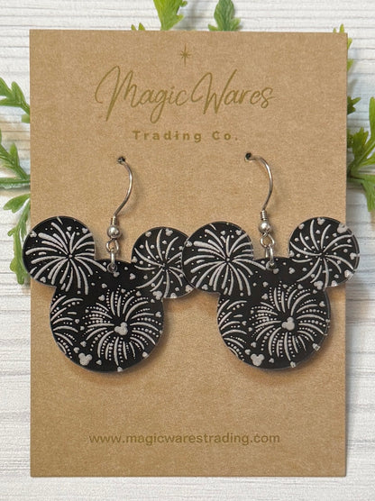 Fireworks at Night, Laser Engraved Black Acrylic Earrings, Engraved Fireworks Earrings, Parks Fireworks Earrings