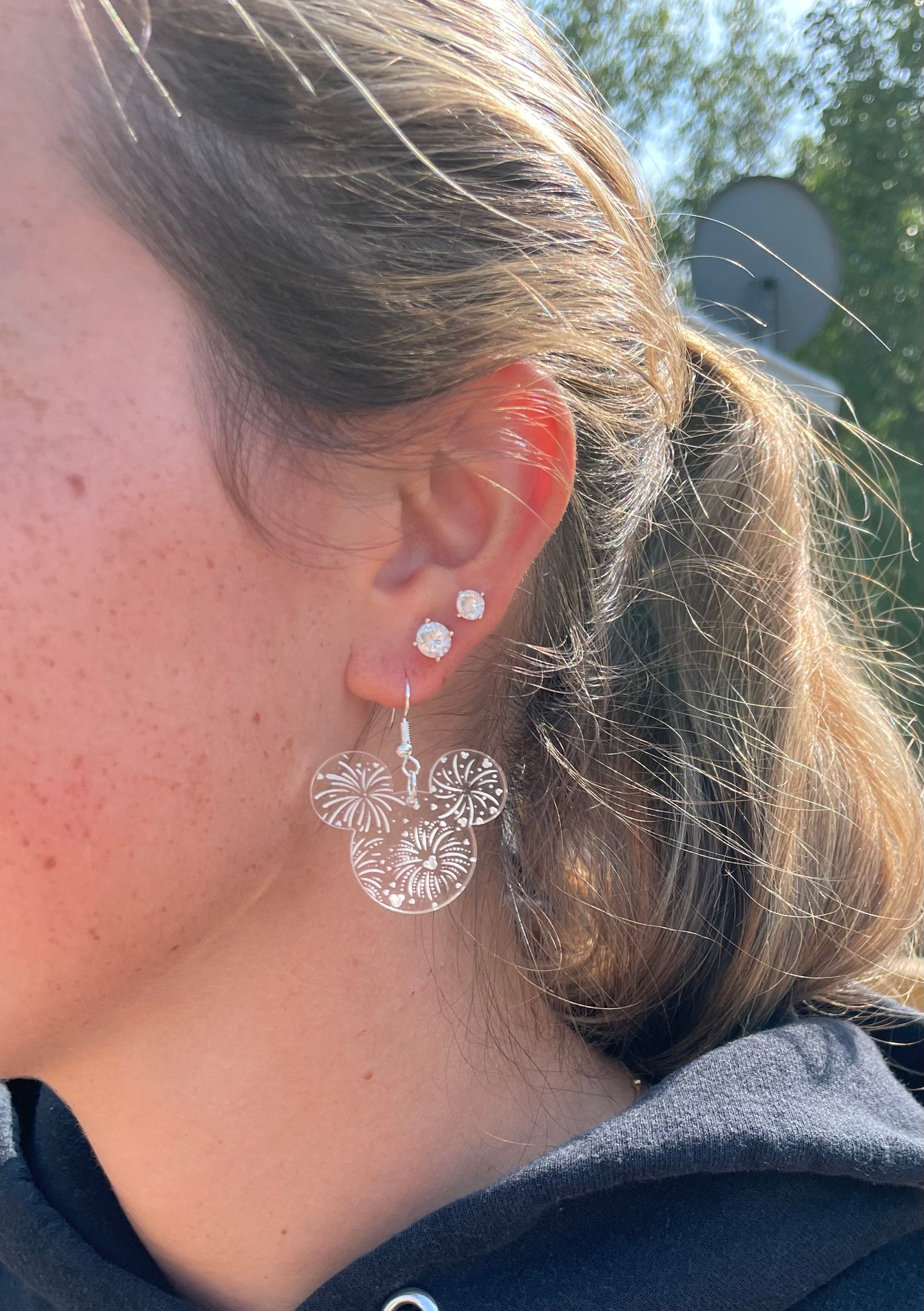 Fireworks at Night Crystal Acrylic Earrings, Mouse head Acrylic Laser Engraved Dangle Earrings, Fireworks earrings